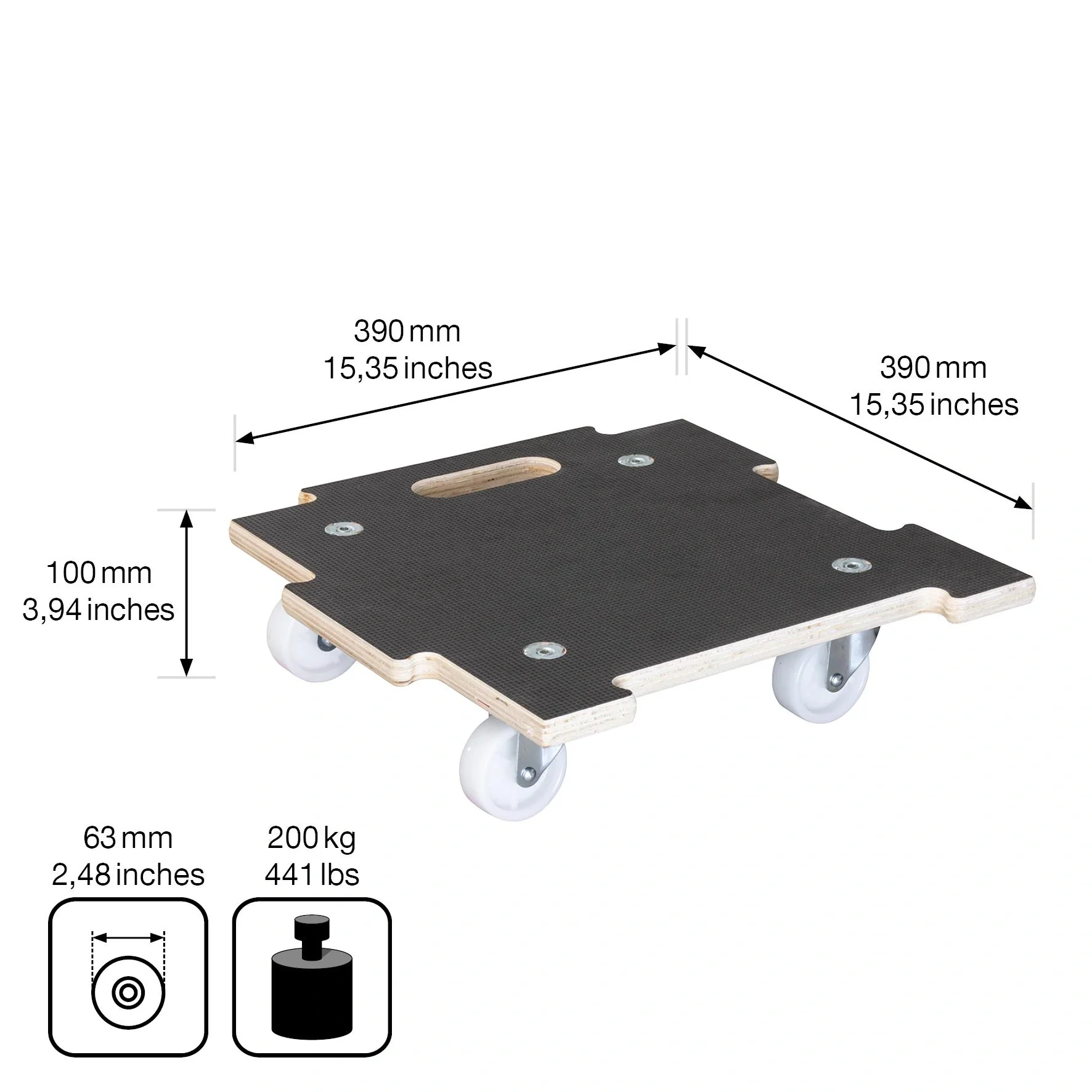 Multi Roller MR 1393, 39 x 39 x 10 cm, harte Rollen Ø 63 mm, Platte Multiplex Maxigrip FSC®, Tragkraft 200 kg - 5