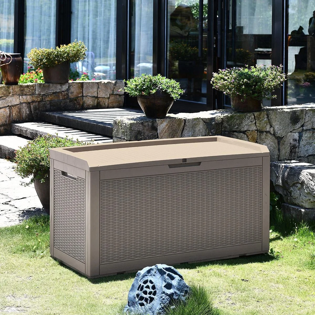 2in1 Gartentruhe in Rattanoptik Grau - 7