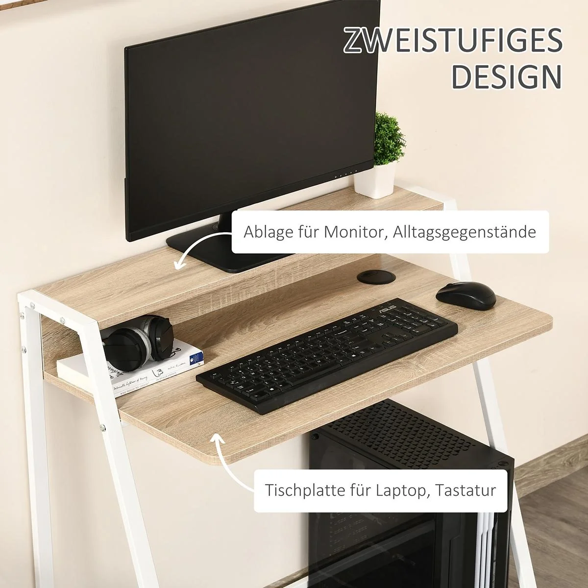 Schreibtisch Computertisch Bürotisch Arbeitstisch mit Ablagefach Kabeldurchlass Metall Weiß+Eiche 84 x 45 x 85 cm - 5