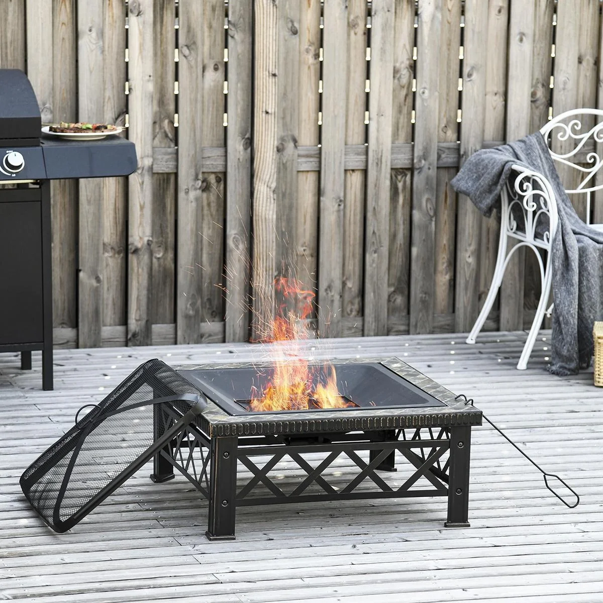 3-in-1 Feuerschale Feuerkorb Feuerstelle mit Funkenschutz Grillrost Eiskübel Garten BBQ Schwarz 76 x 76 x 47 cm - 4