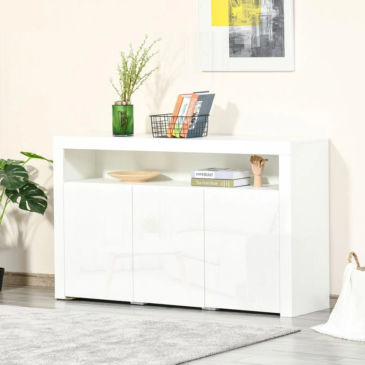 Sideboard Hochglanz Vorratsschrank Küchenschrank mit LED-Licht und Glasablage für Eingang Essbereich Wohnzimmer Material - 4