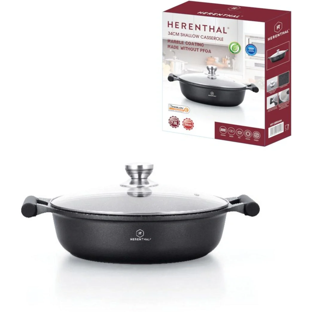 Herenthal Große Marmorsuppenpfanne - mit Glasdeckel- 34cm - 1