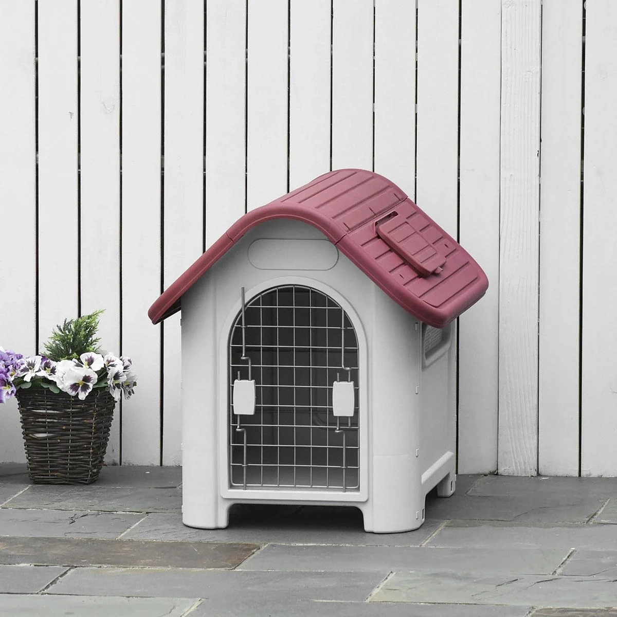 Hundehütte Outdoor Hundehaus mit Dachluke Tor Unterschlupf für kleine Hunde Luftzirkulation Metall PP Rot+Hellgrau 59 x - 4