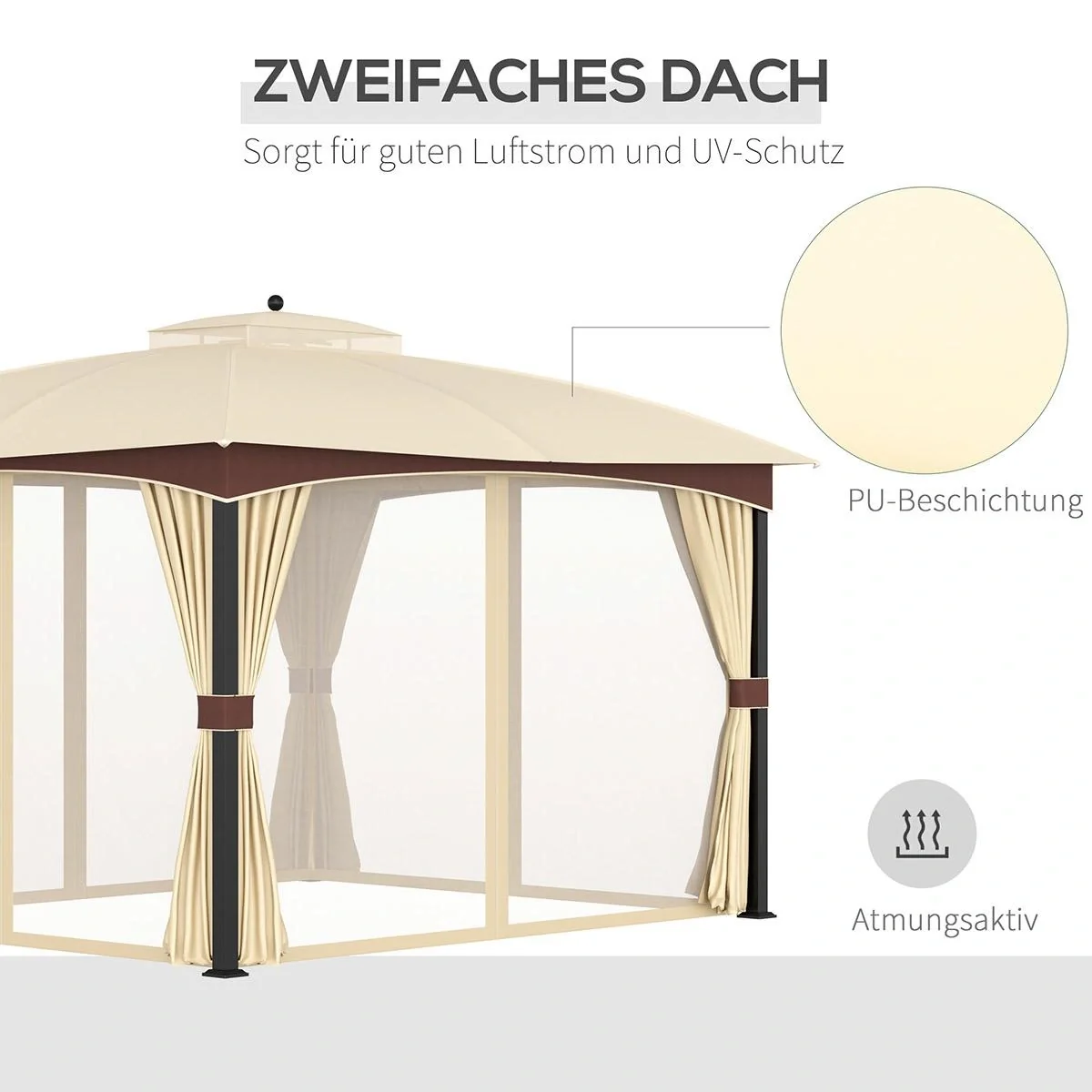 Pavillon mit Seitenwände Partyzelt mit Doppeldach 3x3x2,8m Festzelt Gartenlaube Stahl Polyester Hellgrau - 6