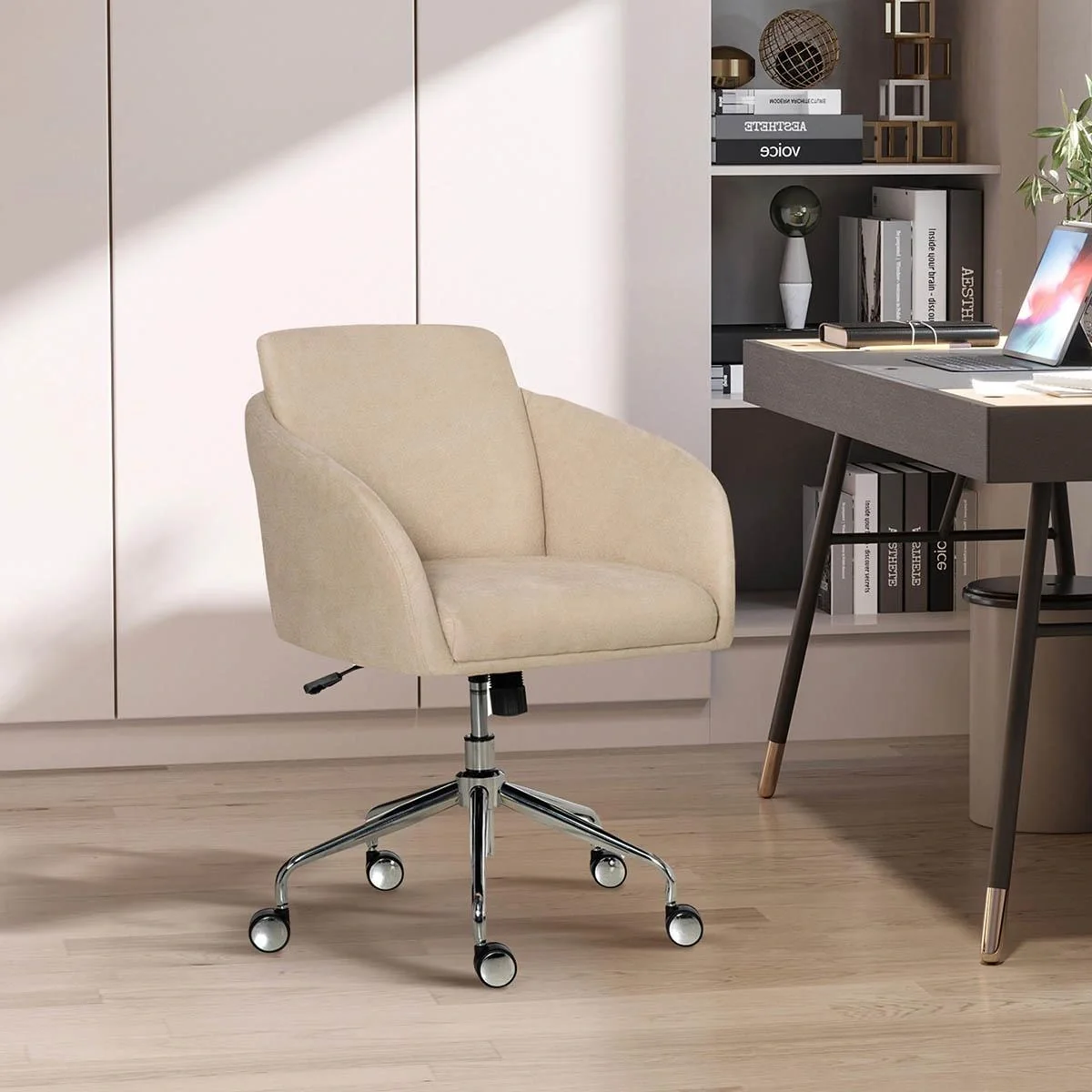 Bürostuhl mittelhoch Schreibtischstuhl Drehstuhl ergonomischer Computerstuhl höhenverstellbar Smat-Touch Metall Beige 64 - 5