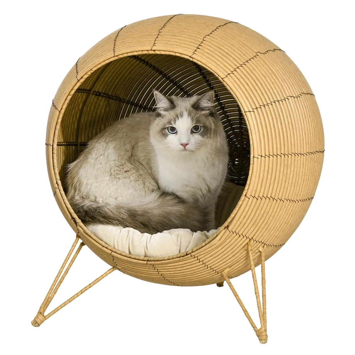 Rattan Katzenhöhle Katzenhaus mit Kissen und erhöhten Füßen PE-Rattan Hellbraun Ø52 x 58 cm - 4