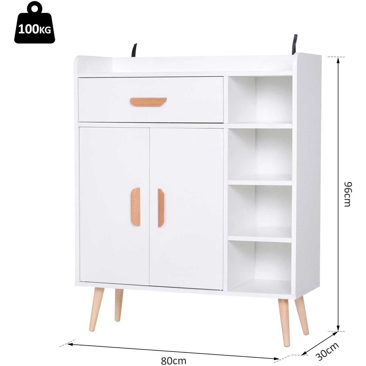 Standregal Kommode Flurschrank Schublade Schrank 100 kg Belastbarkeit Kiefernholz Weiß 80 x 29,5 x 96 cm - 4