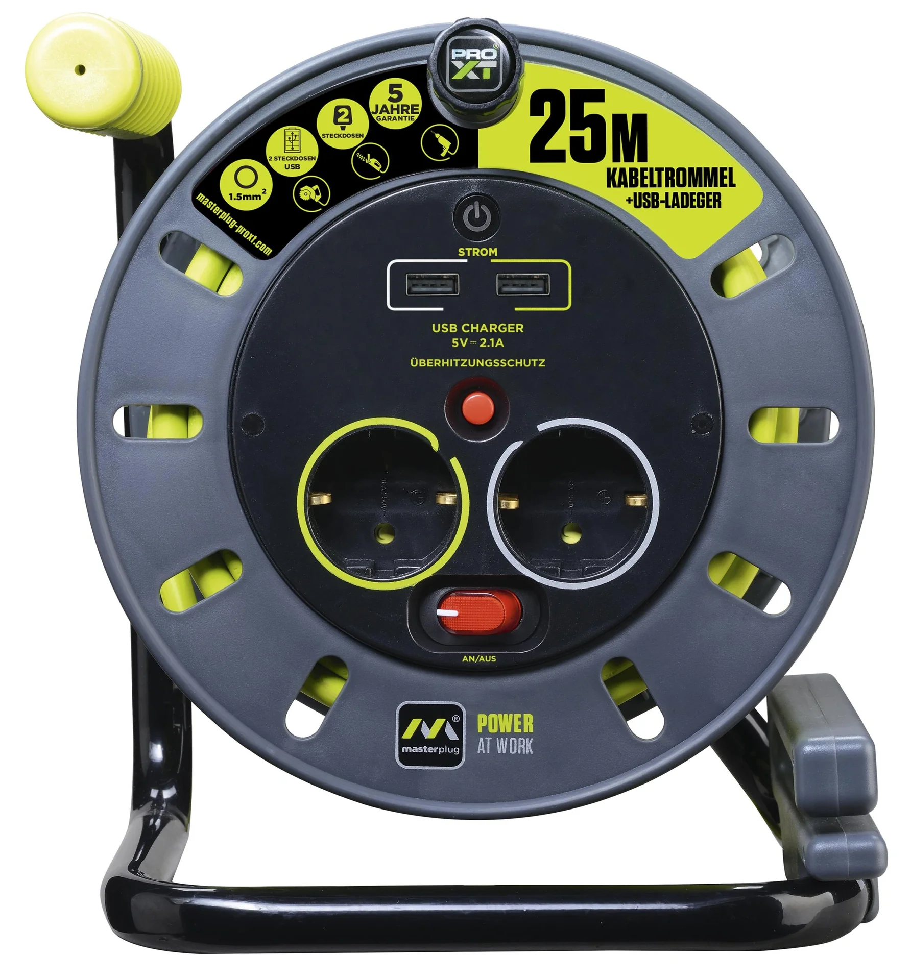 Kabeltrommel 25 Meter mit 2 Steckdosen und 2 USB Ports - 1