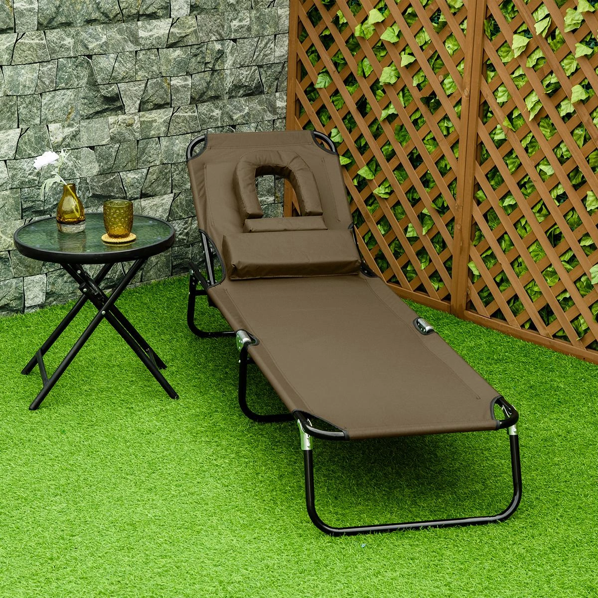 Sonnenliege Gartenliege Dreibeinliege Relaxliege mit Lesefenster Gesichtsöffnung Braun - 5