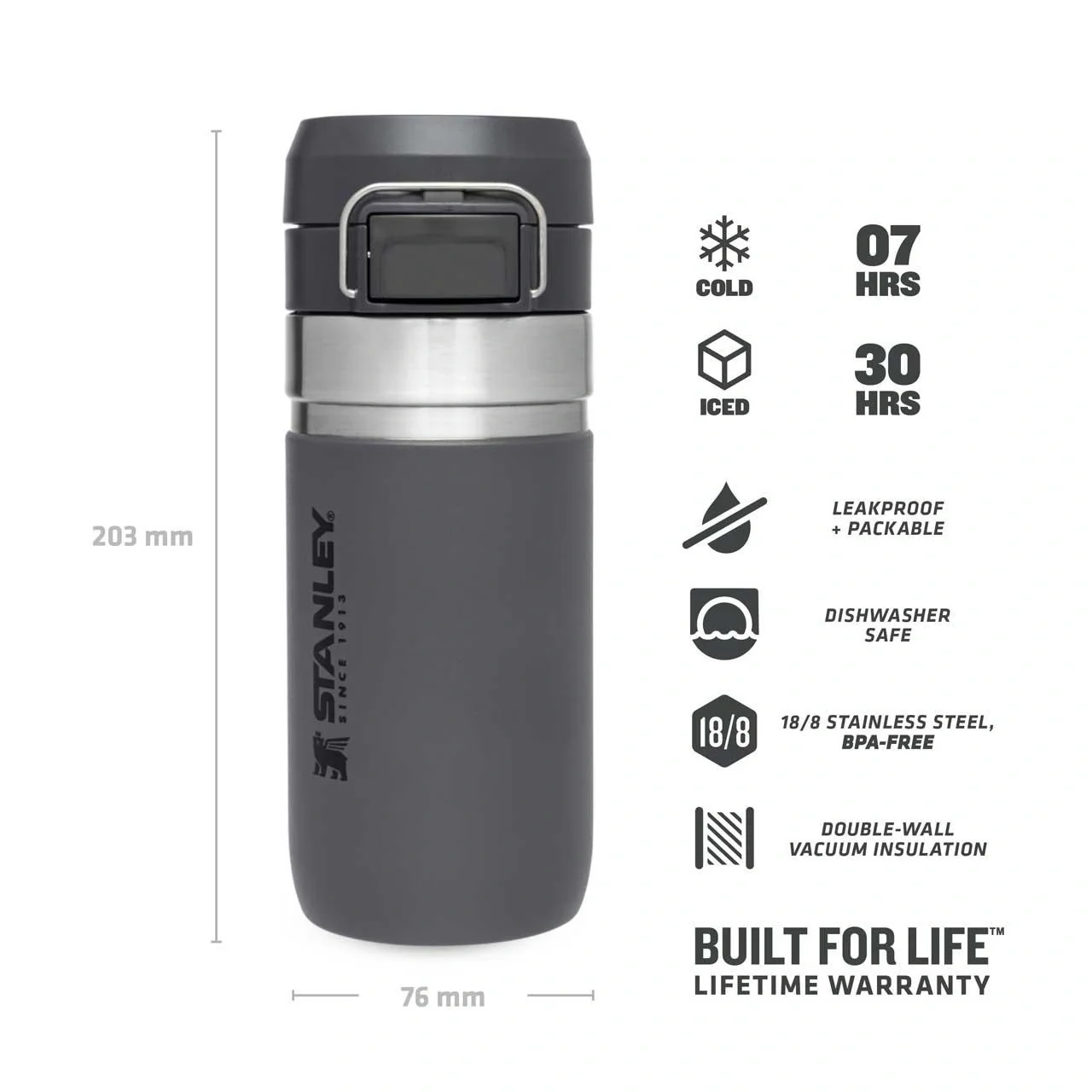 Quick Flip Water Bottle 0,47 l, Charcoal, Vakuumisolierung, Sicherheitsverschluss - 8