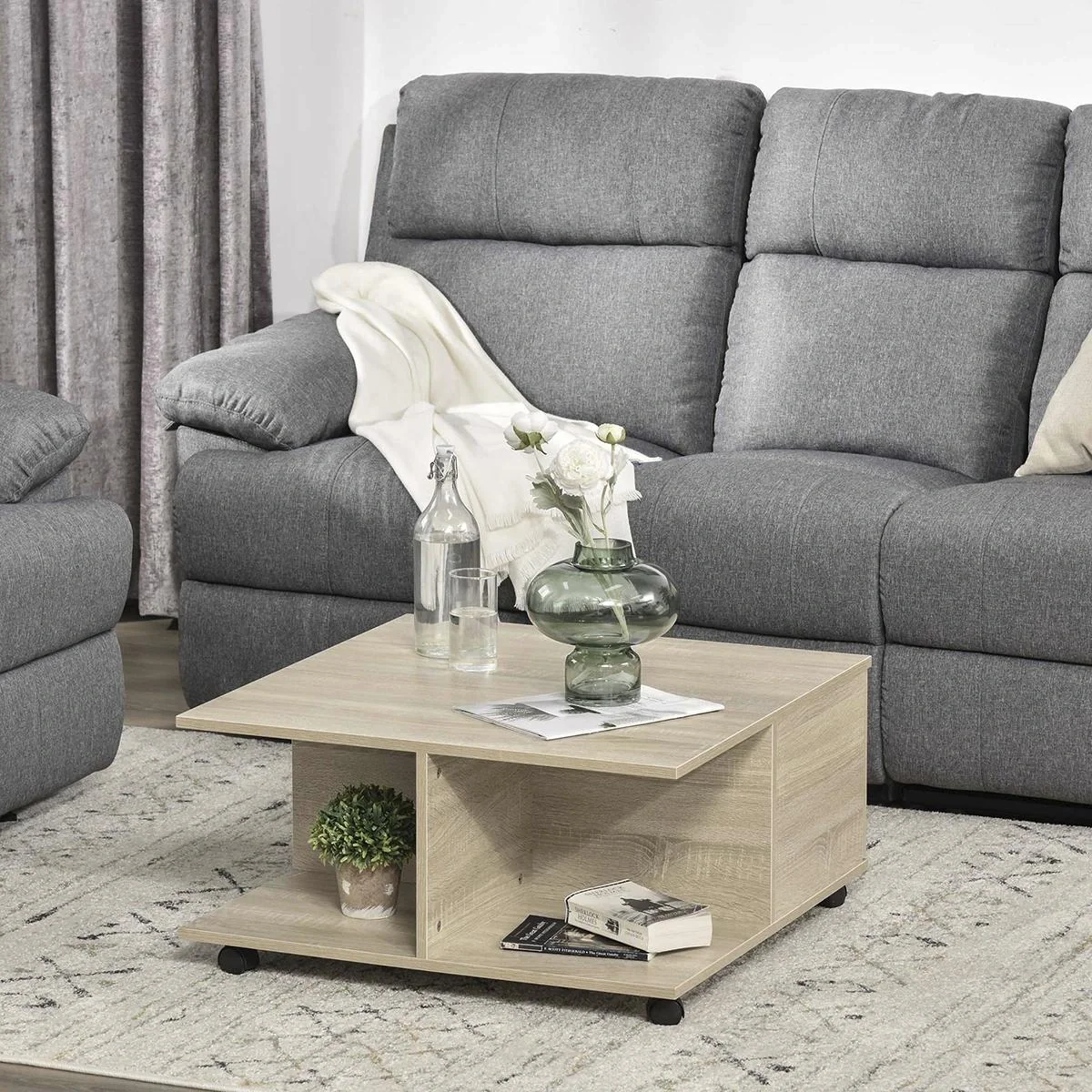 Beistelltisch Couchtisch mit zwei ausziehbaren Schubladen 4 Rädern offenen Ablageflächen Kaffeetisch Wohnzimmertisch mod - 4