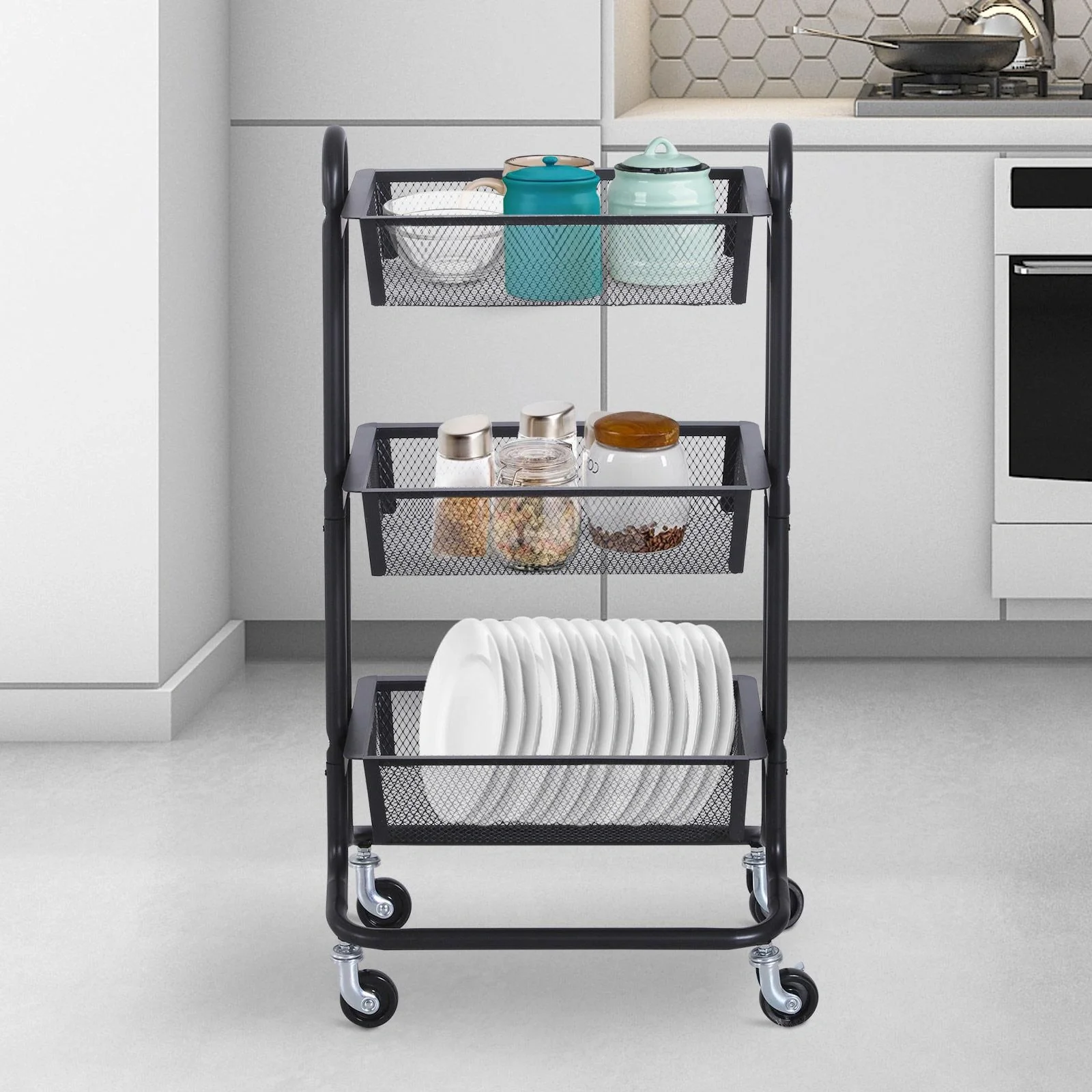 Allzweckwagen Allzweckregal mit Rollen Küchenwagen Küchenregal Metallregal Rollwagen 3 x Korb Karbonstahl - 3