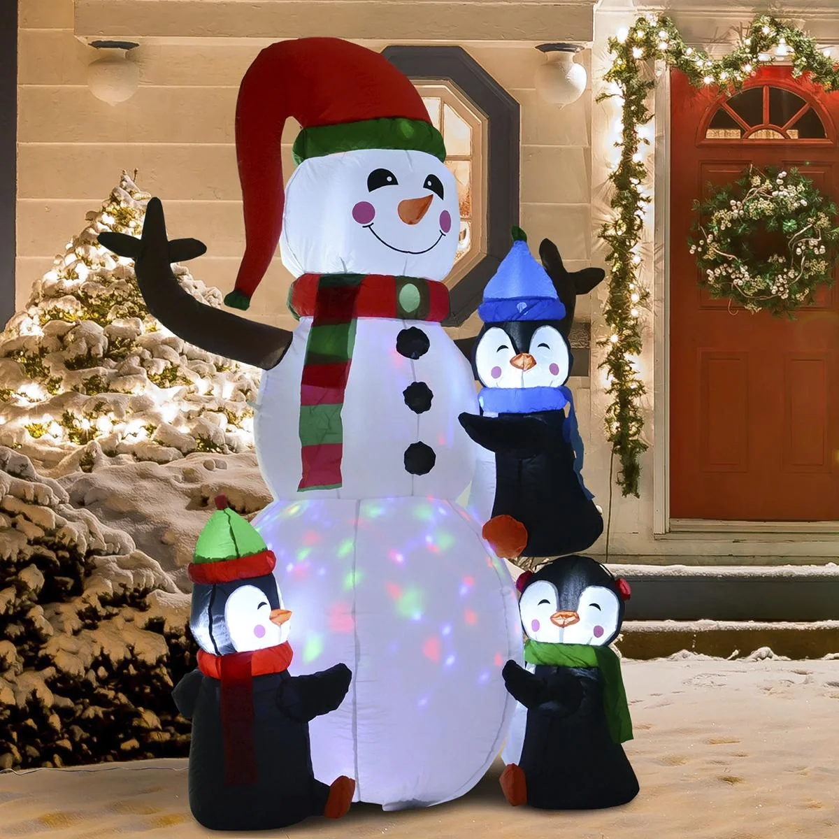 Aufblasbarer LED Schneemann mit 3 Pinguinen bunt - 4
