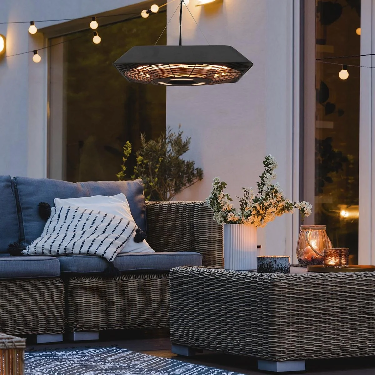 Deckenheizstrahler 800W/1200W/2000W 5 Modi Heizstrahler IP45 Elektro Heizpilz mit Fernbedienung LED-Licht Alu Glas Schwa - 3