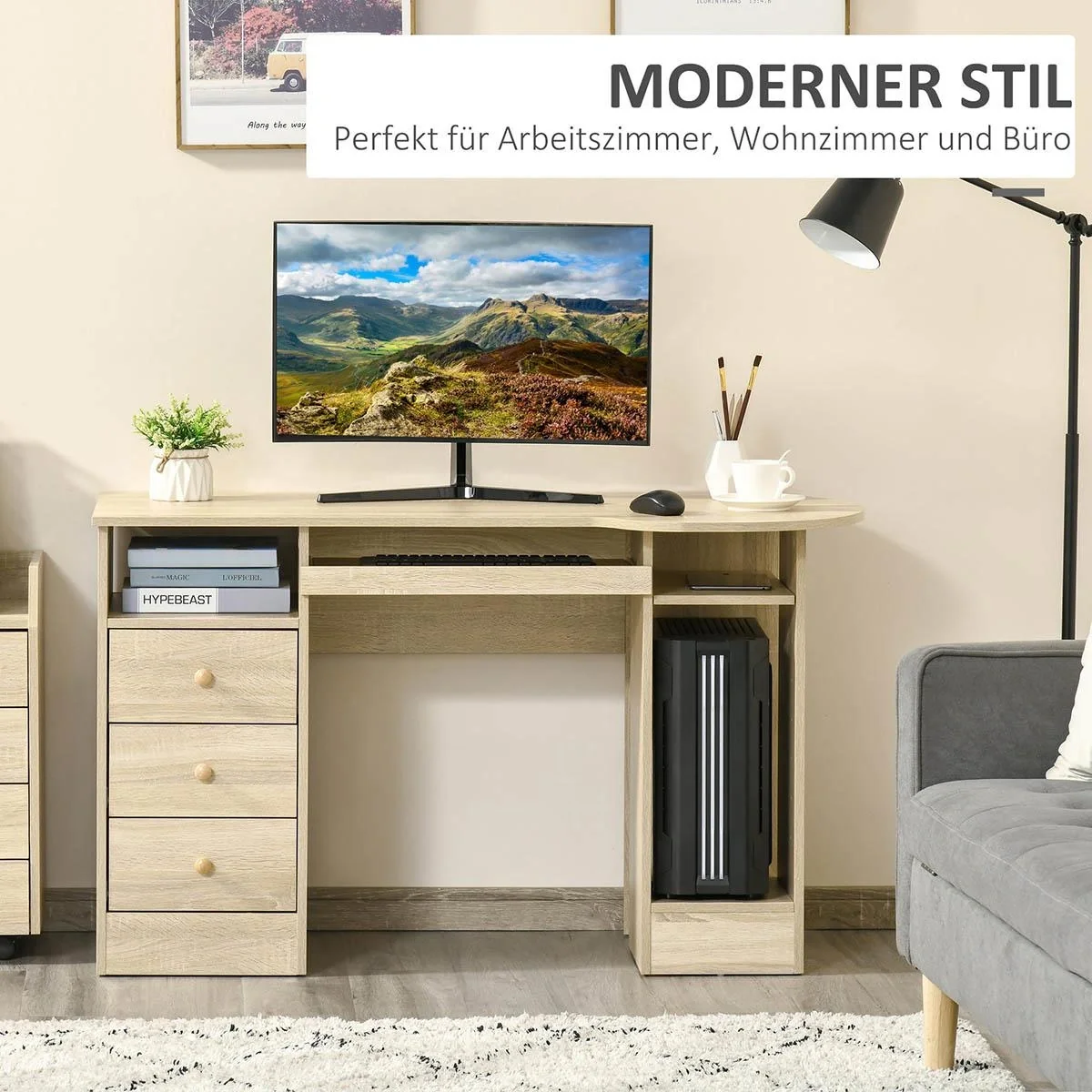 Computertisch Schreibtisch Bürotisch Home Office Arbeitstisch mit Ablagen Schubladen Natur 125 x 60 x 74 cm - 5
