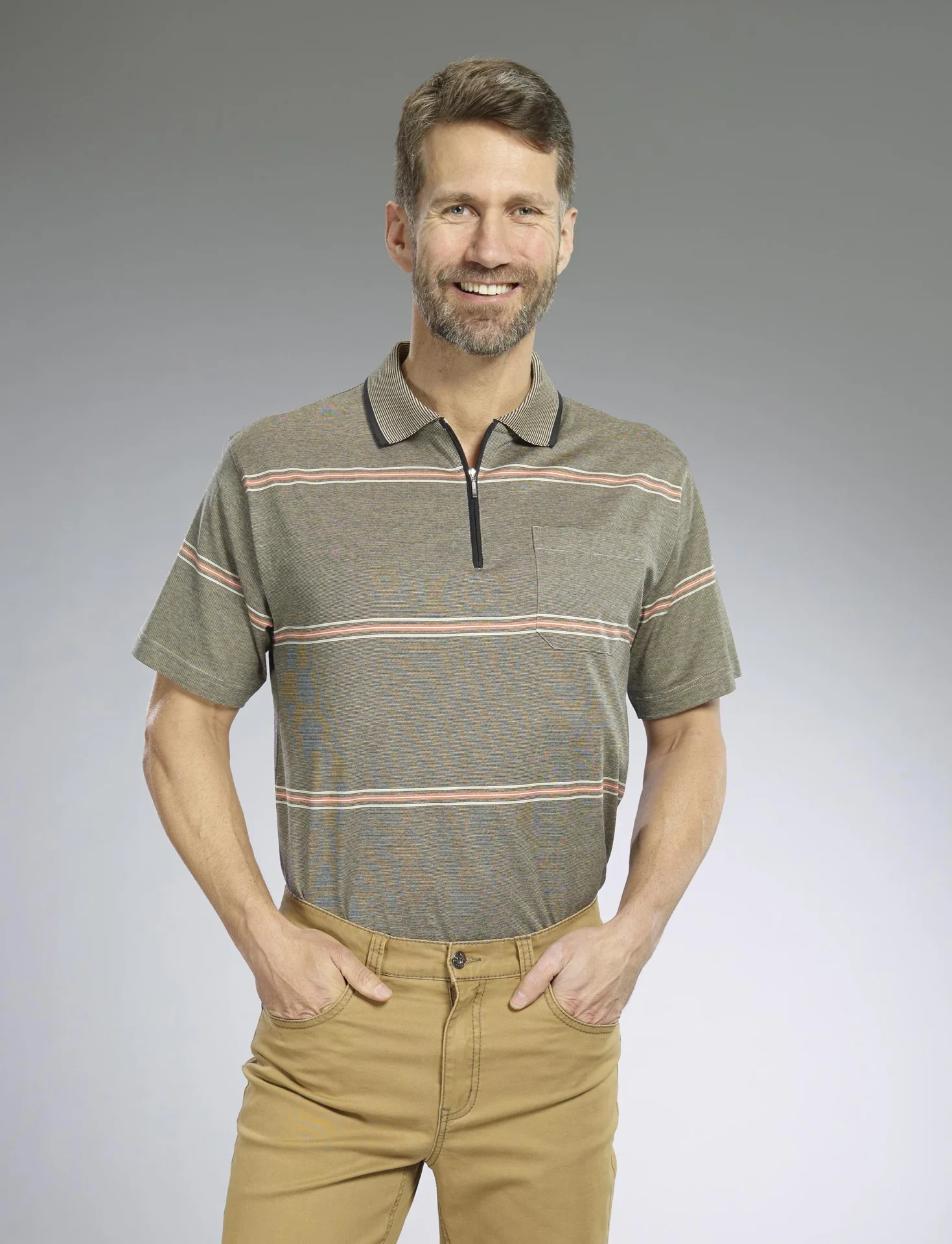 Poloshirt gestreift, Farbe khaki, Gr.M - 12
