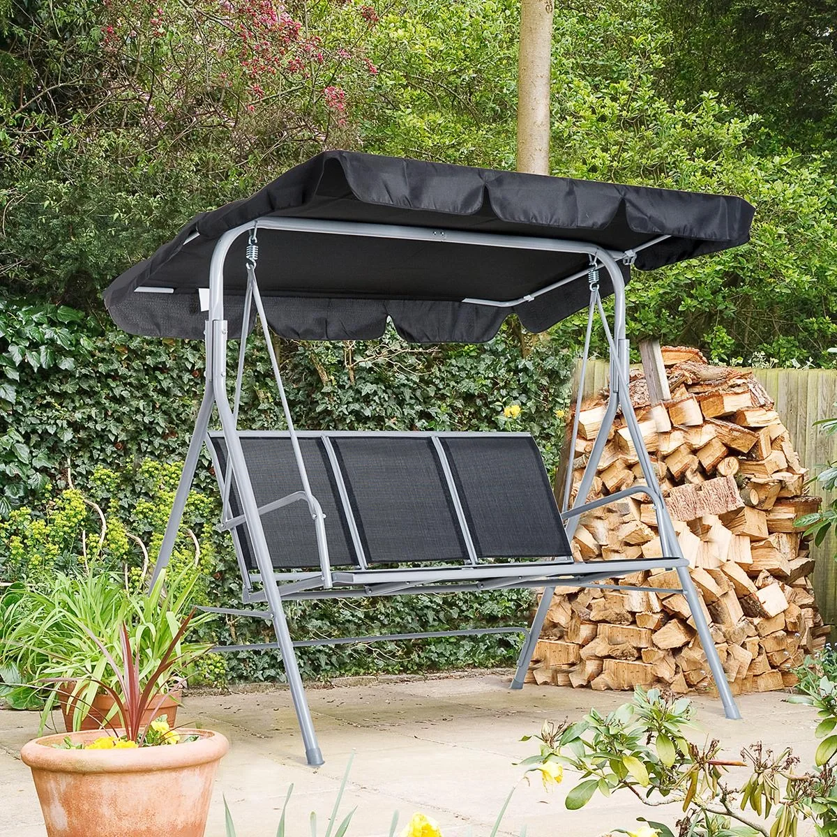 Hollywoodschaukel 3-Sitzer Gartenschaukel Schaukelbank mit Dach Metall Schwarz+Silber 171 x 108 x 154 cm - 4