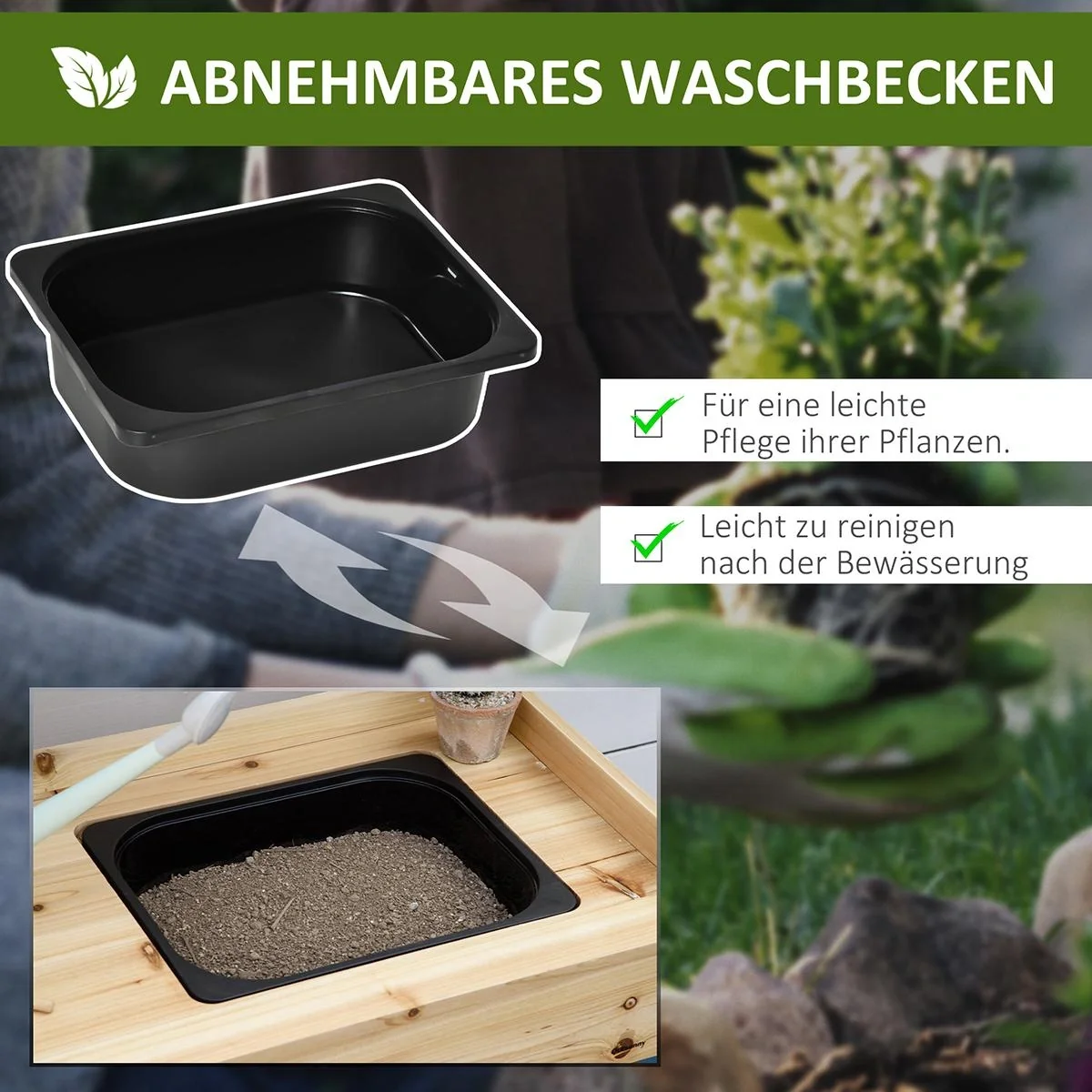 Pflanztisch Gärtnertisch mit waschbecken Blumentisch aus Holz mit Schublade Haken Korb Ablage Garten Terrasse Natur 107, - 6