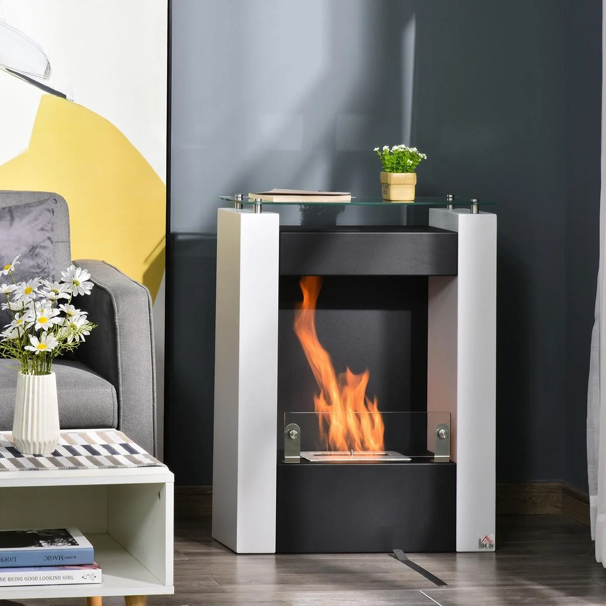 Ethanol-Kamin Bio-Ethanol-Brenner 2000W 1,5L 3 Std. Stahl Edelstahl gehärtetes Glas Weiß+Schwarz 60 x 20 x 79 cm - 5