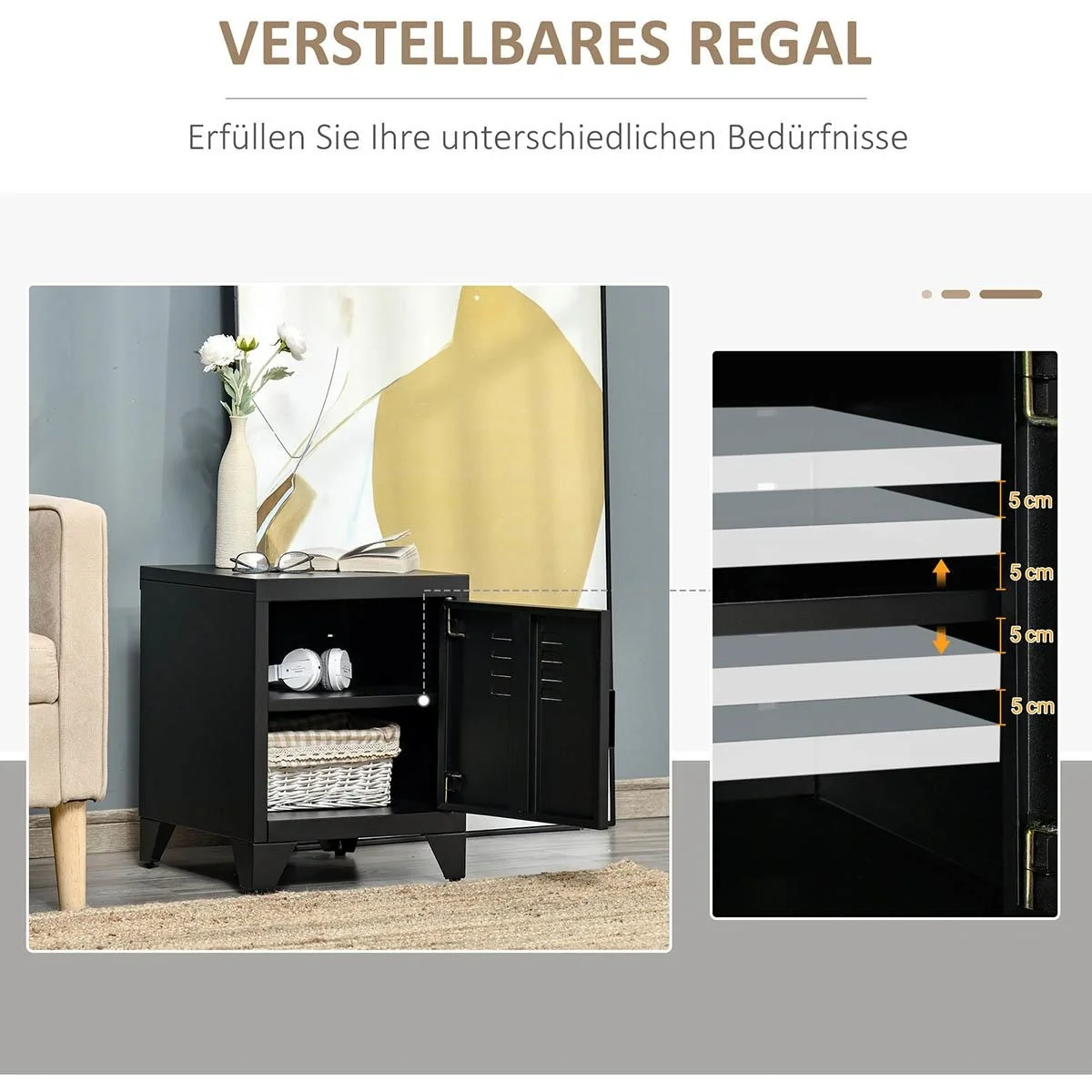 Nachttisch Nachtschrank Schlafzimmer Beistelltisch mit verstellbarem Regal Tür Nachtkommode Industriedesign Metall Schwa - 5