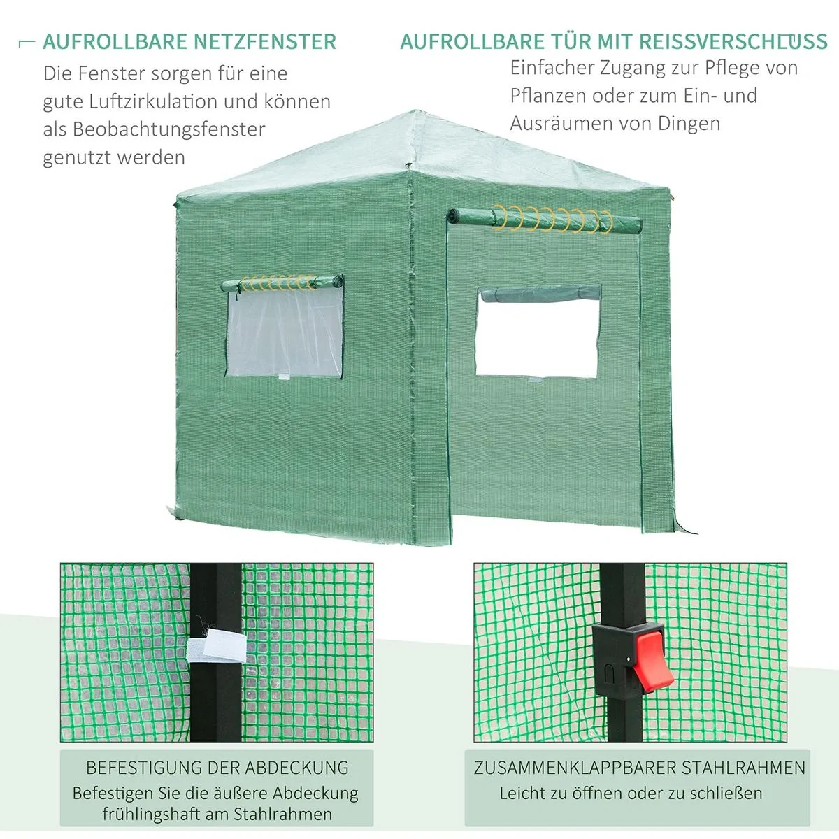 Gewächshaus Treibhaus Tomatenhaus Frühbeet mit Tür und Fenster zum Aufrollen PE Stahl Dunkelgrün 240 x 180 x 240 cm - 6