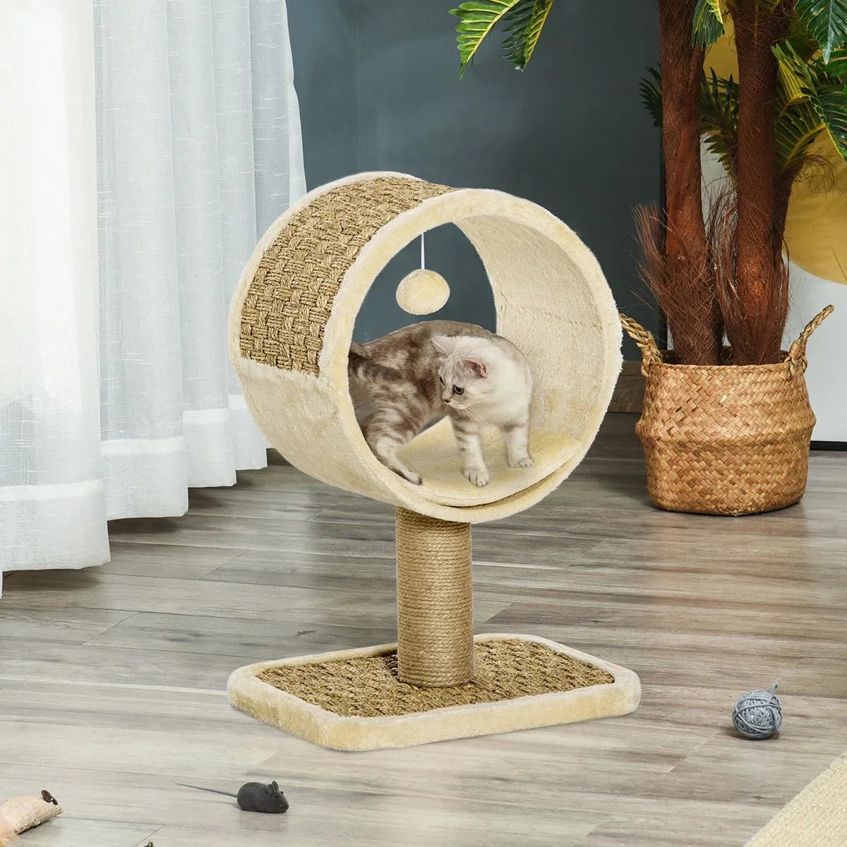 Katzenkratzbaum Katzenspielzeug Kletterbaum Spanplatte Jute Seegras samtartiges Polyester Khaki+Hellbraun - 3