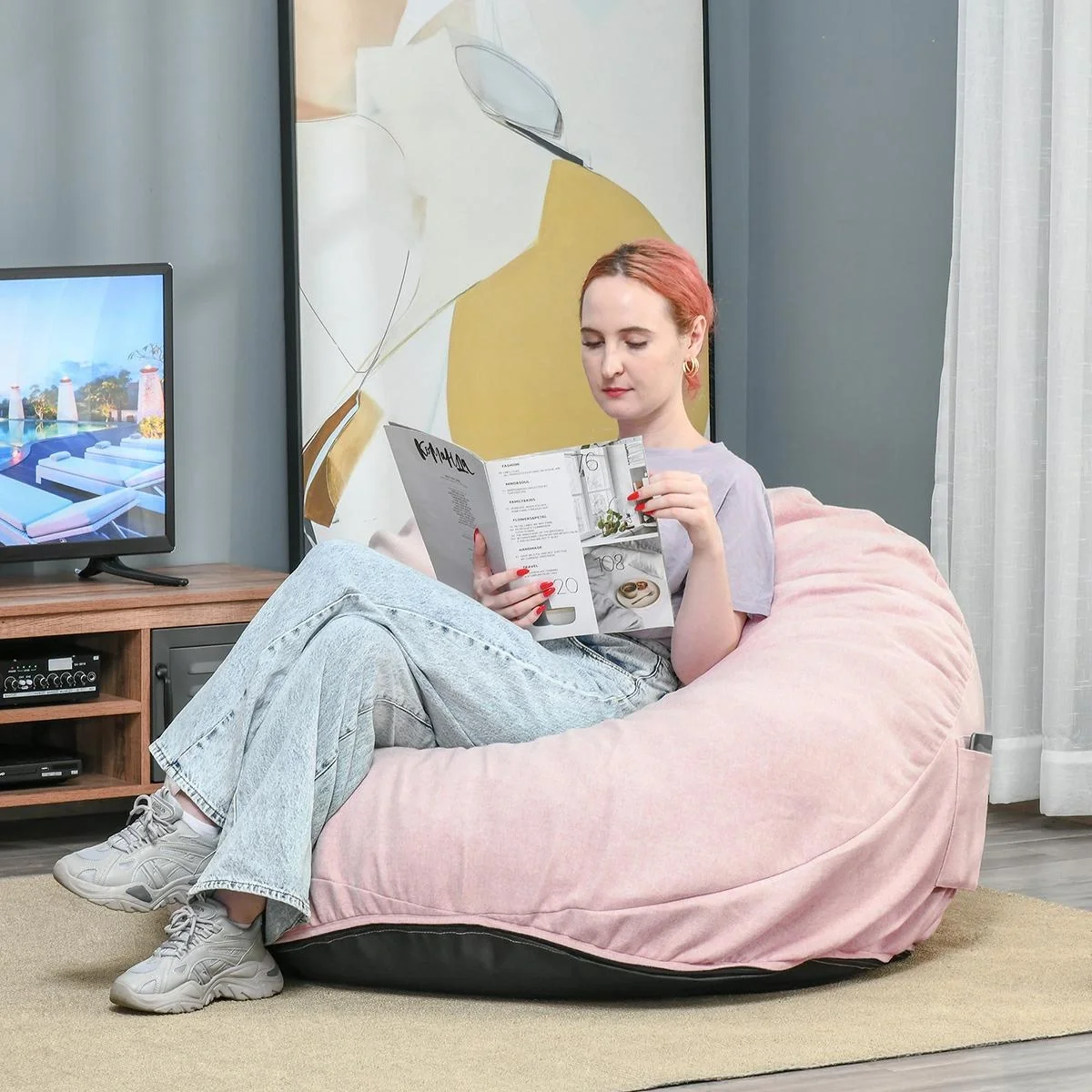Sitzsack aufblasbares Sofa Bodensessel Sitzkissen gepolstert mit 2 Seitentaschen waschbar für Wohnzimmer Liege Schlafzim - 1