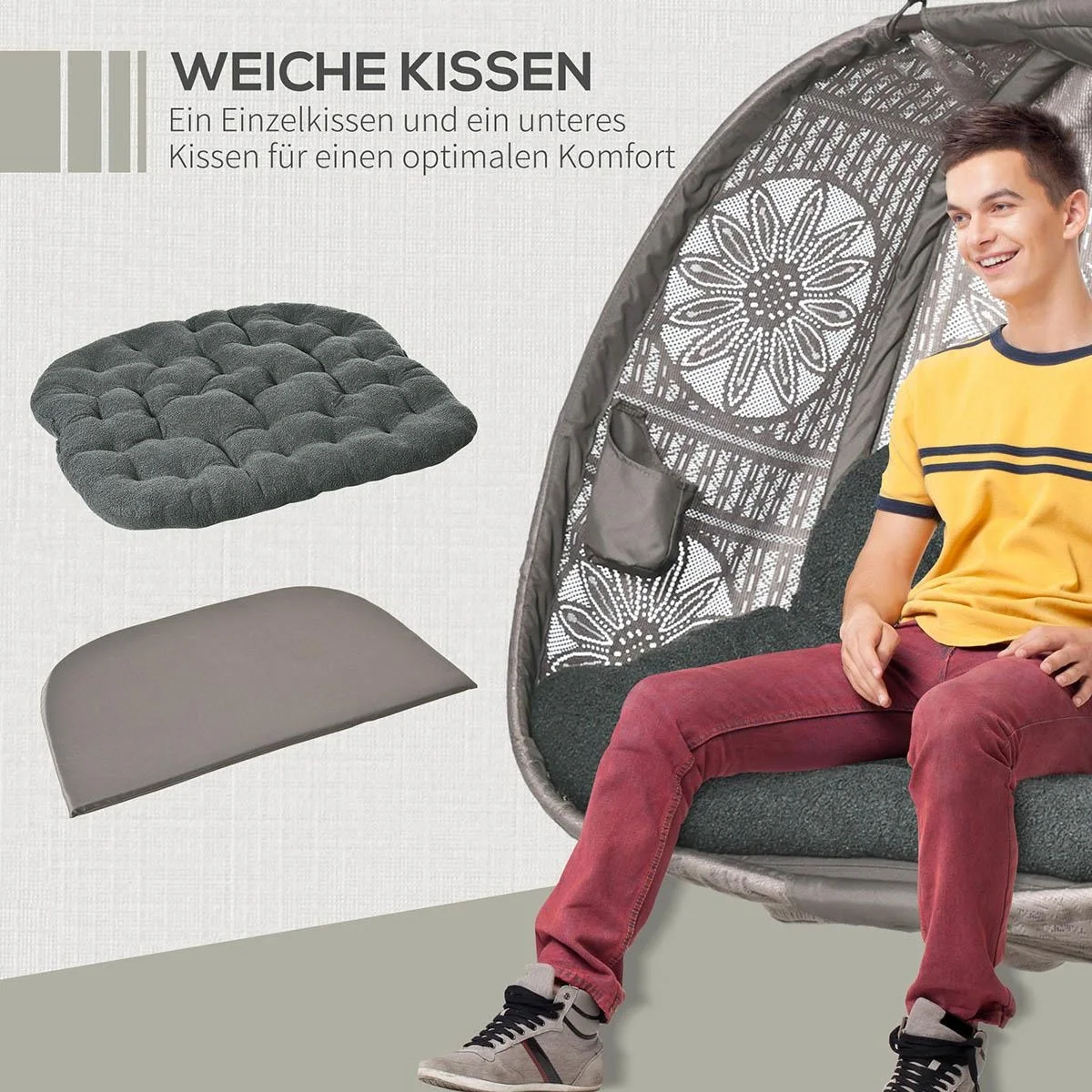 Hängesessel Hängekorb mit Gestell für 2 Personen Hängeschaukel Hängestuhl mit Kissen Korb faltbar Blumen-Strickstoff Sta - 5