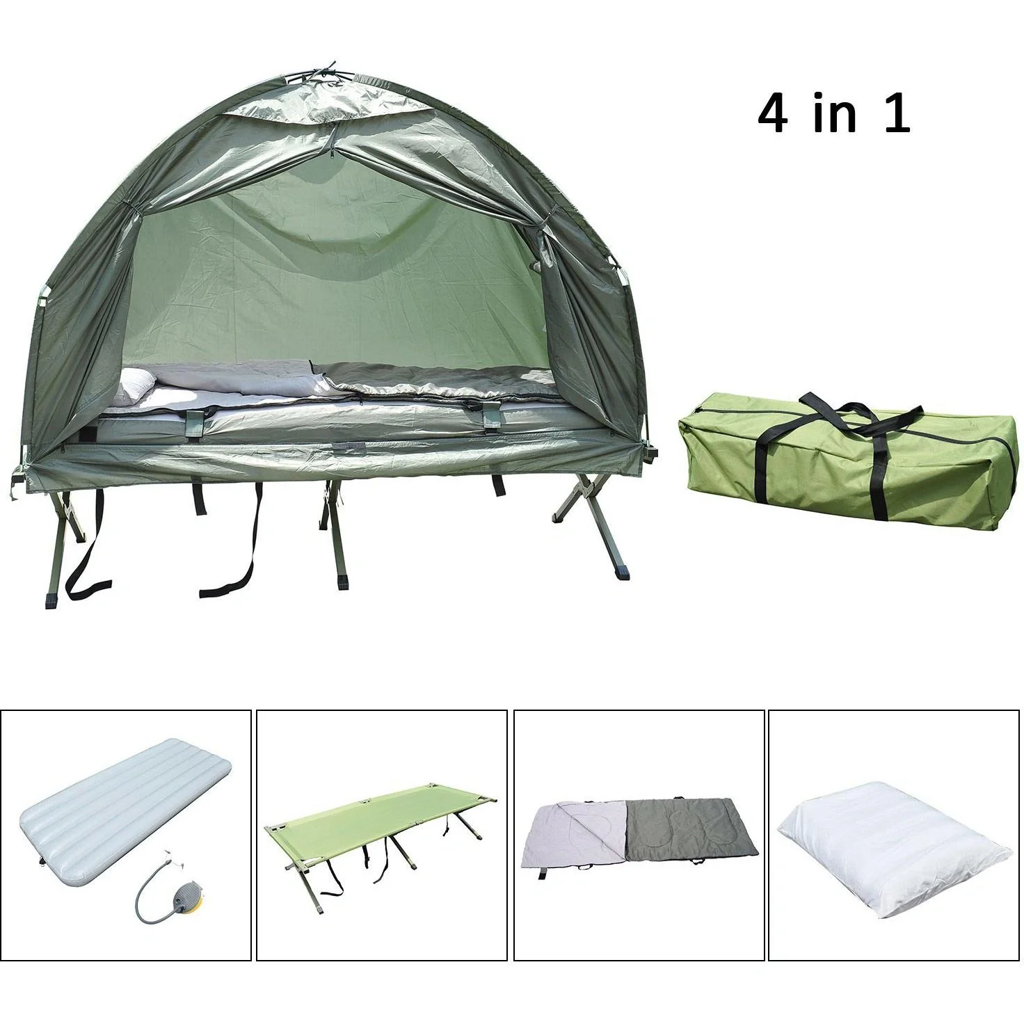 Campingbett Set mit ZeLT SChlafsack Matratze 4 in 1 faltbar Dunkelgrün - 6