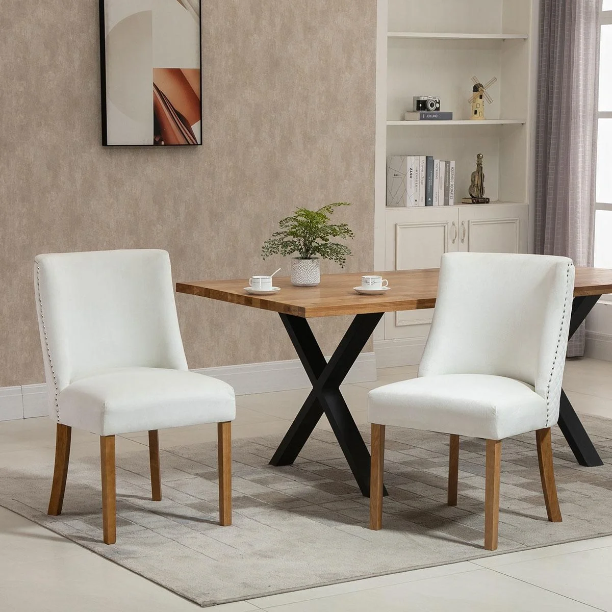 2er-Set Esszimmerstuhl Küchenstuhl Polsterstuhl mit Rückenlehne Polstersessel Kunstleder Sessel Holzbeine Cremeweiß 49x6 - 4