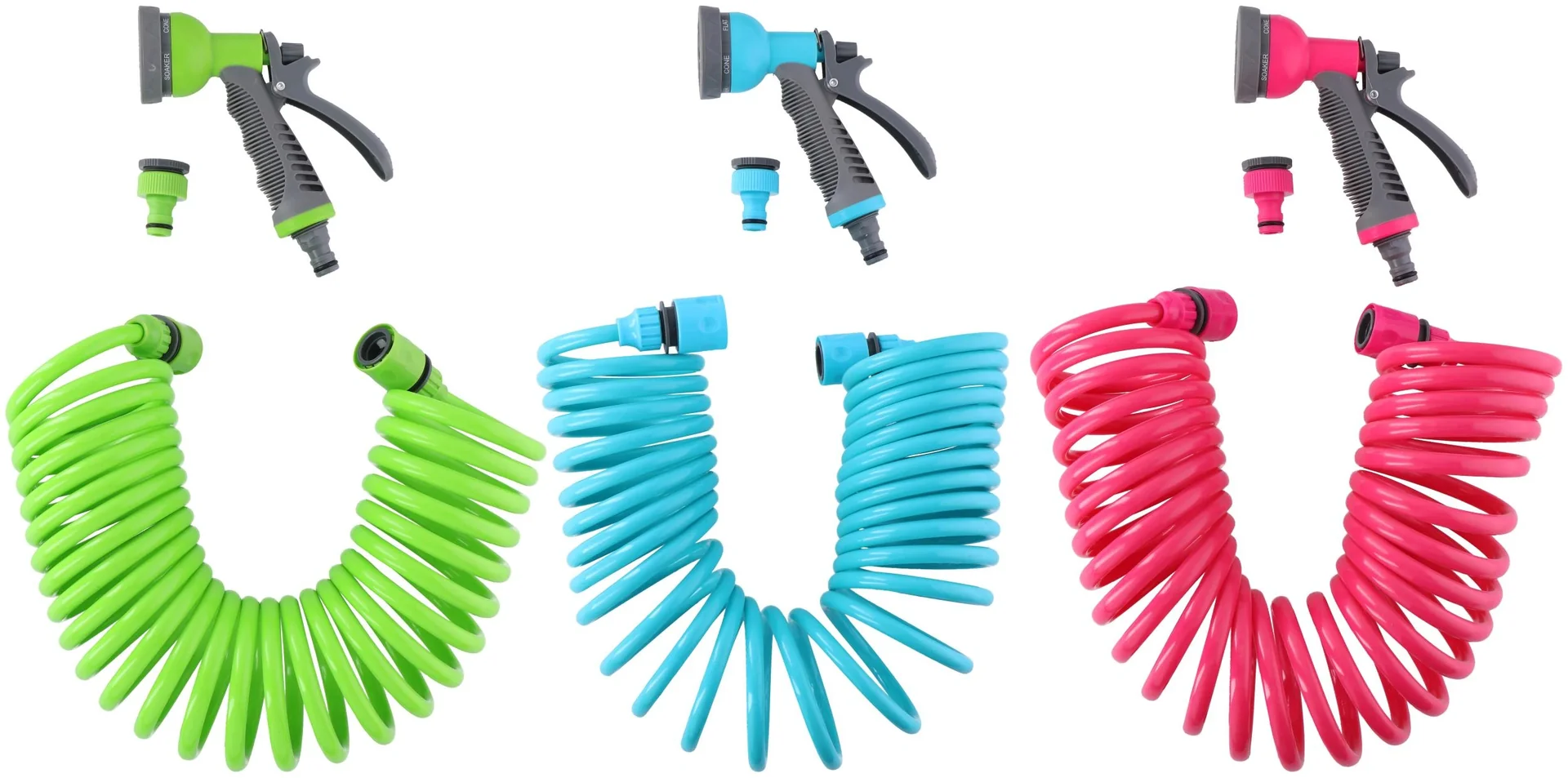 Spiral-Gartenschlauchset - 7,5 m mit Handbrause, farblich sortiert - 1