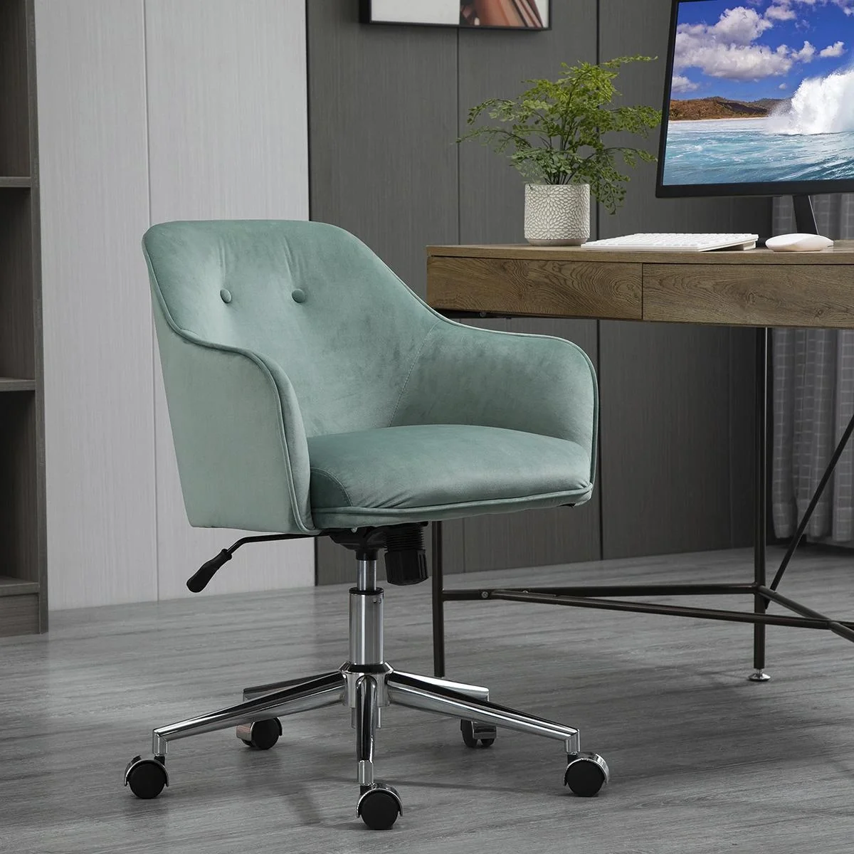 Bürostuhl mit Wippenfunktion Home-Office-Stuhl höhenverstellbarer Schreibtischstuhl ergonomisch 360°-Drehräder Samt-Tou - 1
