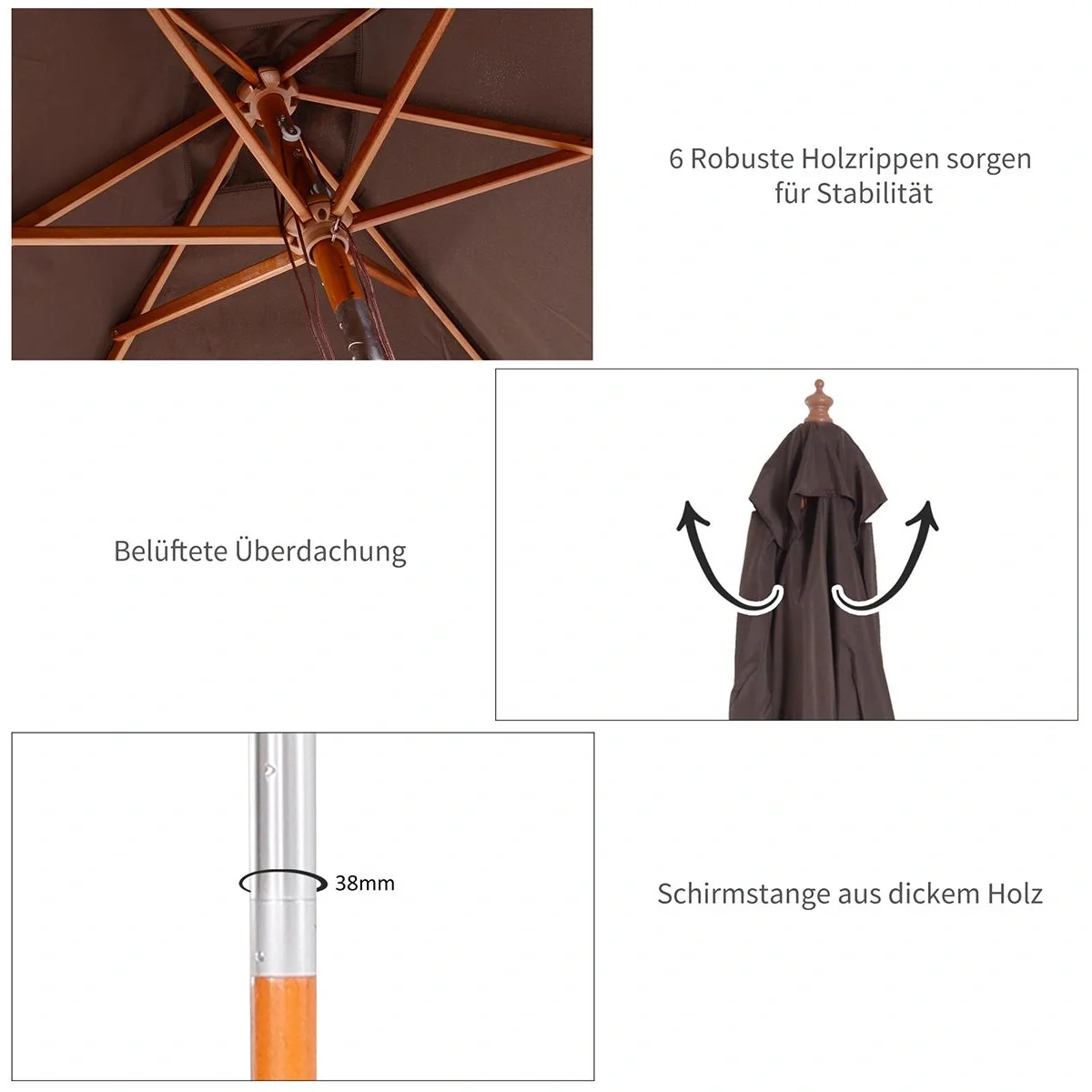 Sonnenschirm Knickbarer Gartenschirm Strandschirm 3-stufig einstellbar Tannenholz+Polyester Kaffee 200 x 150 x 230 cm - 6