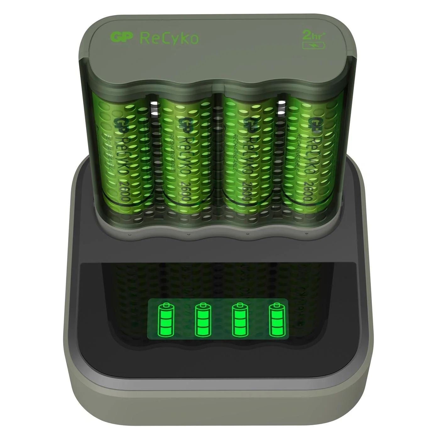 USB Schnellladegerät mit Docking Station, LCD Ladestandsdisplay für 4 AA / AAA NiMH Akkus inklusive 4 ReCyko (AA) 2600mA - 10