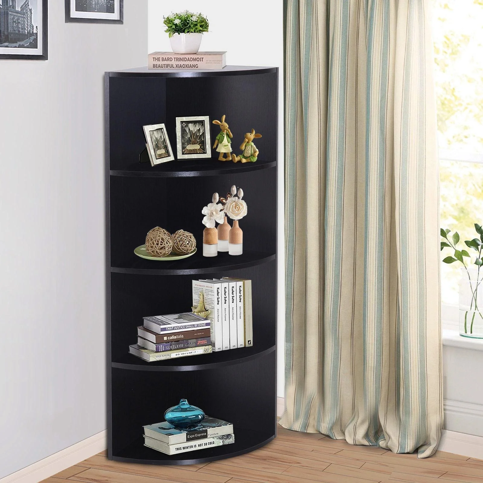 Eckregal Standregal Bücherregal Dekoregal Blumenregal Holzregal fächerförmig 4 Fächer Schwarz 39,5 x 39,5 x 120 cm - 7