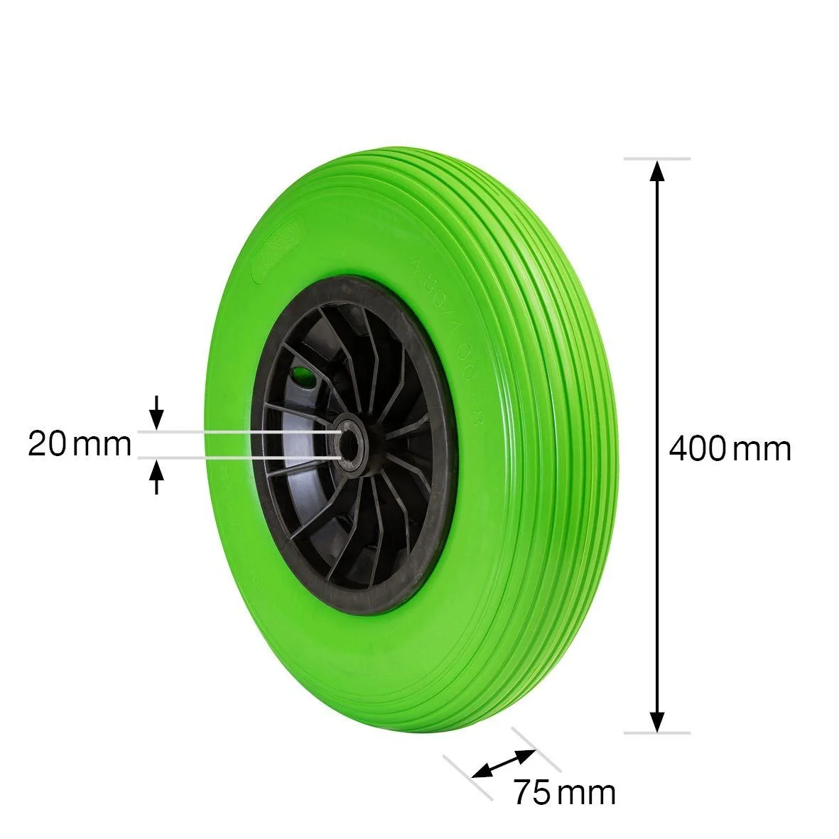 Schubkarrenrad PANNENSICHER - Ø Rad 400 mm, PU geschäumtes Rad, Rollenlager, Felge 75 mm, Achse 20 mm, Tragkraft 100 kg - 5