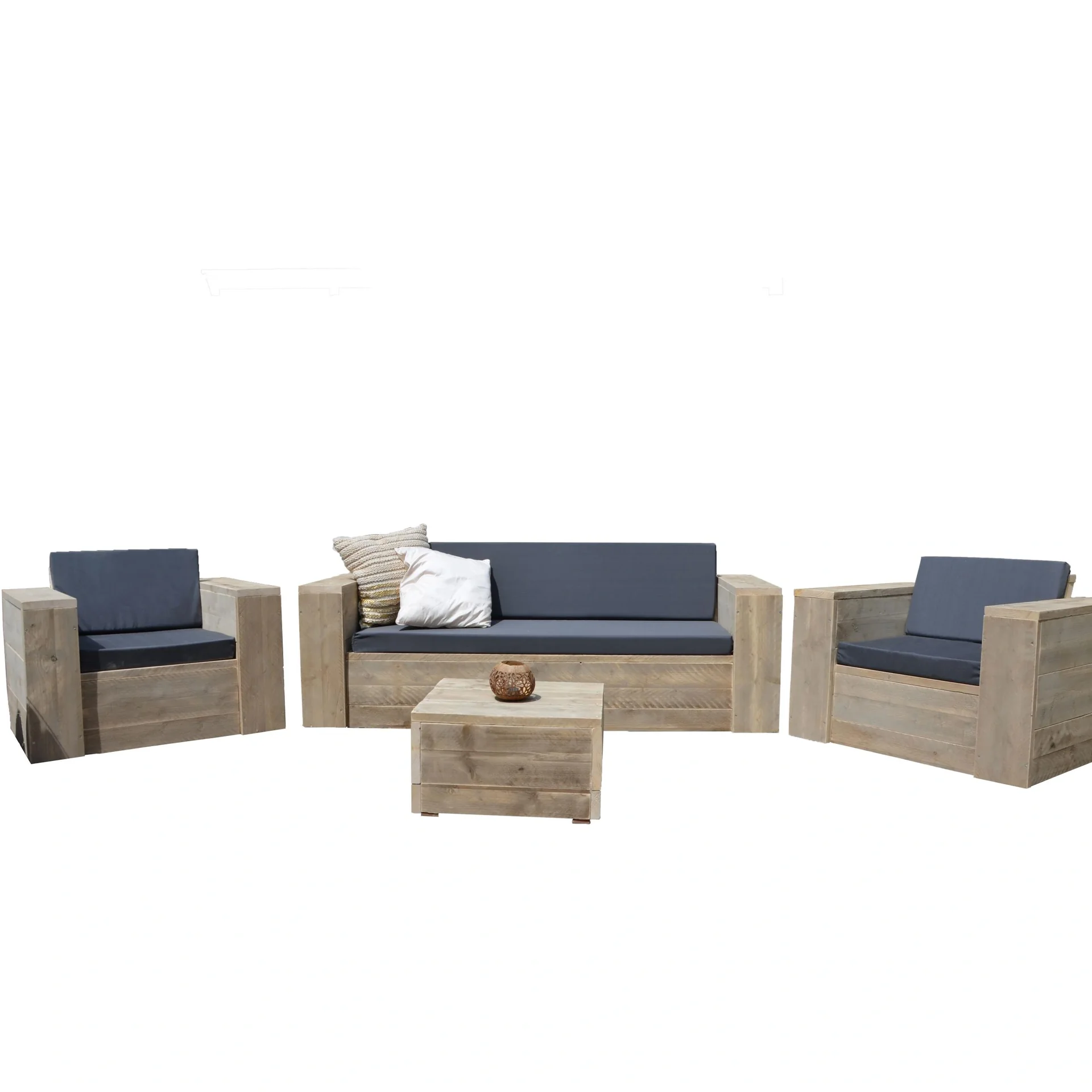 Lounge-Set robustes Gerüstholz komplett# Sofa, Stühle, Tisch und Outdoor-Kissen - 5
