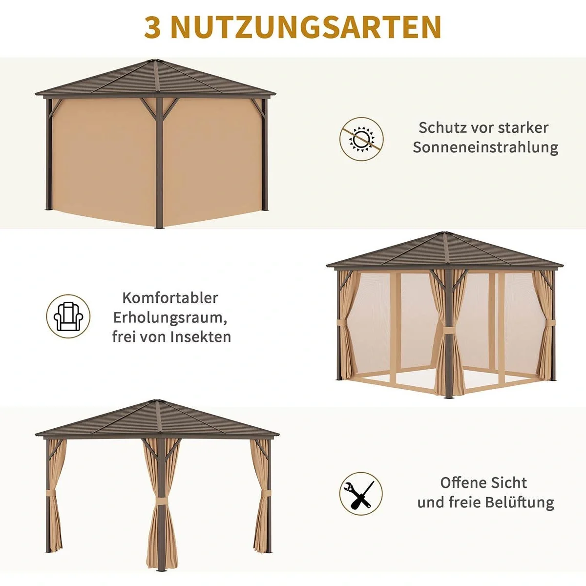 Gartenpavillon Pavillon 298 x 298 x 260 cm Gartenzelt Festzelt Partyzelt mit 4 x Doppel-Seitenteilw wetterfest Aluminium - 4