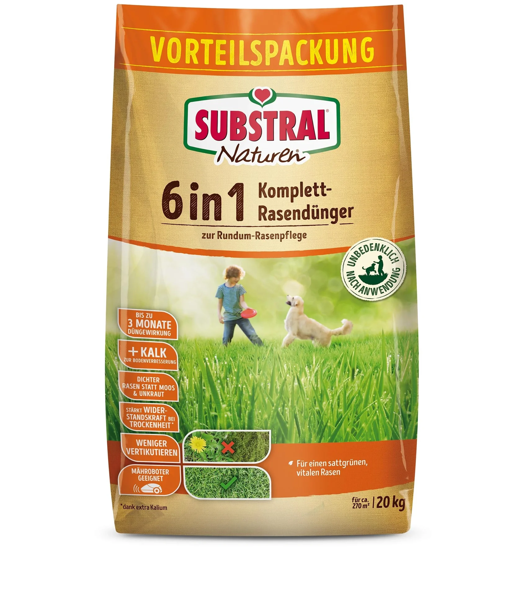 6 in 1 Komplett Rasendünger - 20 kg für 270 m² - 2