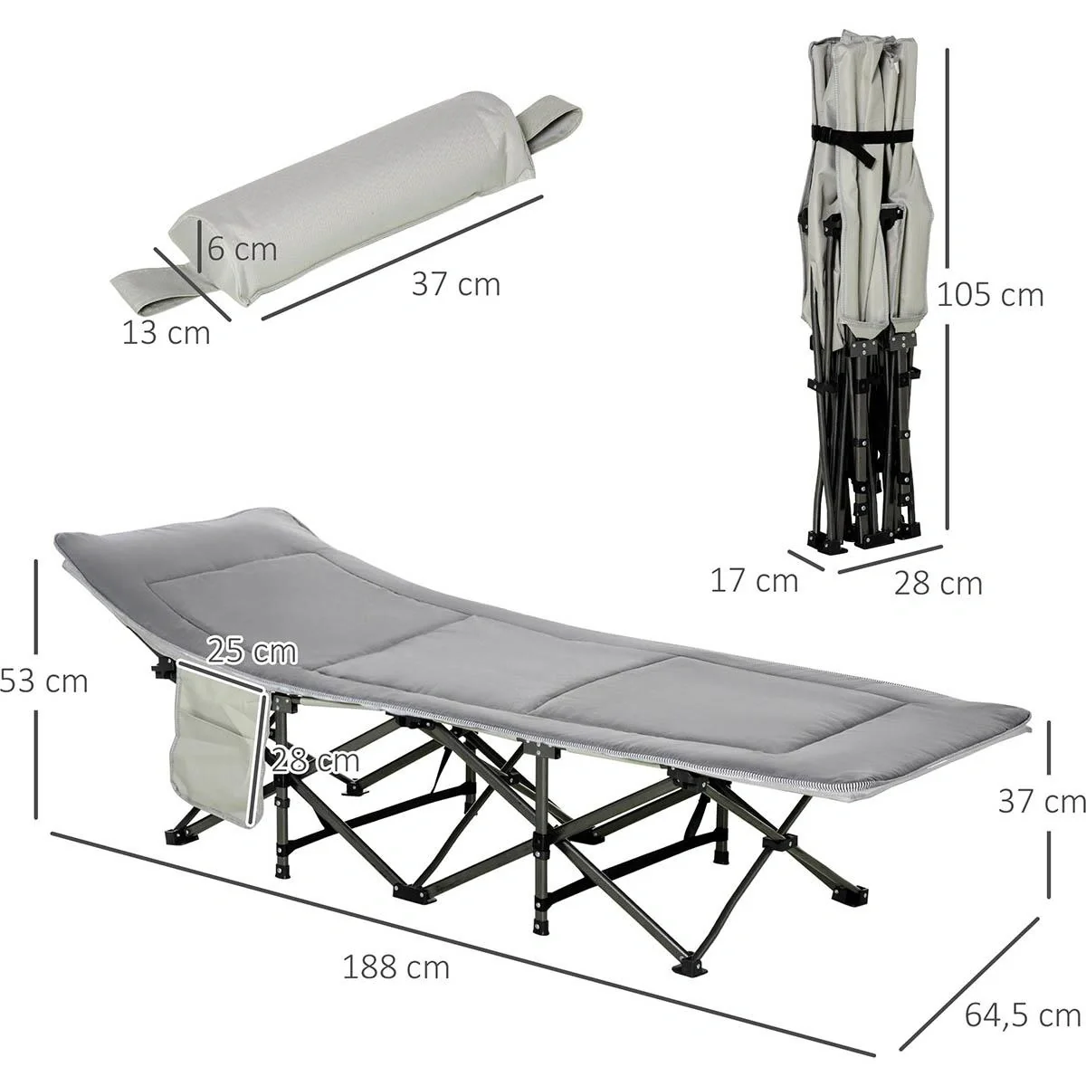 Campingbett klappbar Feldbett Klappbett mit Kopfkissen Seitentasche Matratze Gästebett bis 150 kg belastbar Reisen Outdo - 5