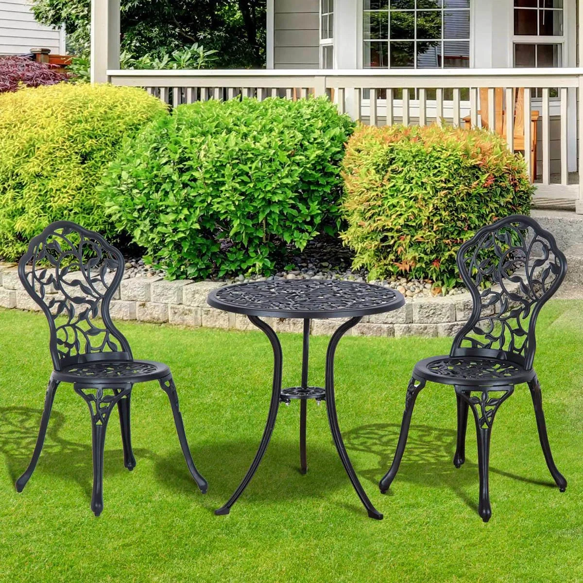 Bistroset 3-tlg. Gartenset aus Aluminiumguss Balkonset Bistrotisch mit 2 Stühlen Gartenmöbel Schwarz - 5