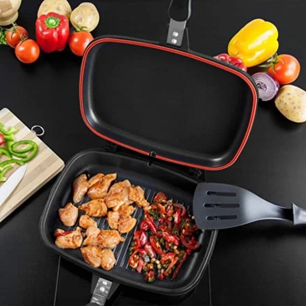 Doppelpfanne / Grillpfanne - 32 cm - Aluminiumguss - Wendegrillpfanne - bordeauxrot - 8