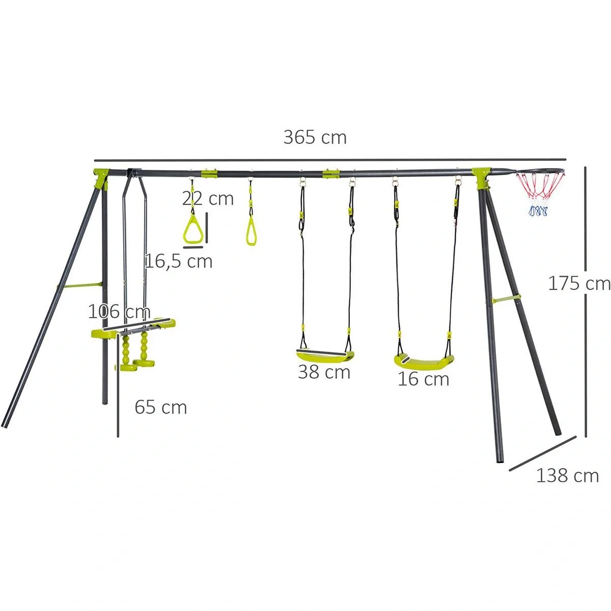 Schaukelgestell für Kinder 3-10 Jahre, grün+schwarz, 365 x 138 x 175 cm - 5