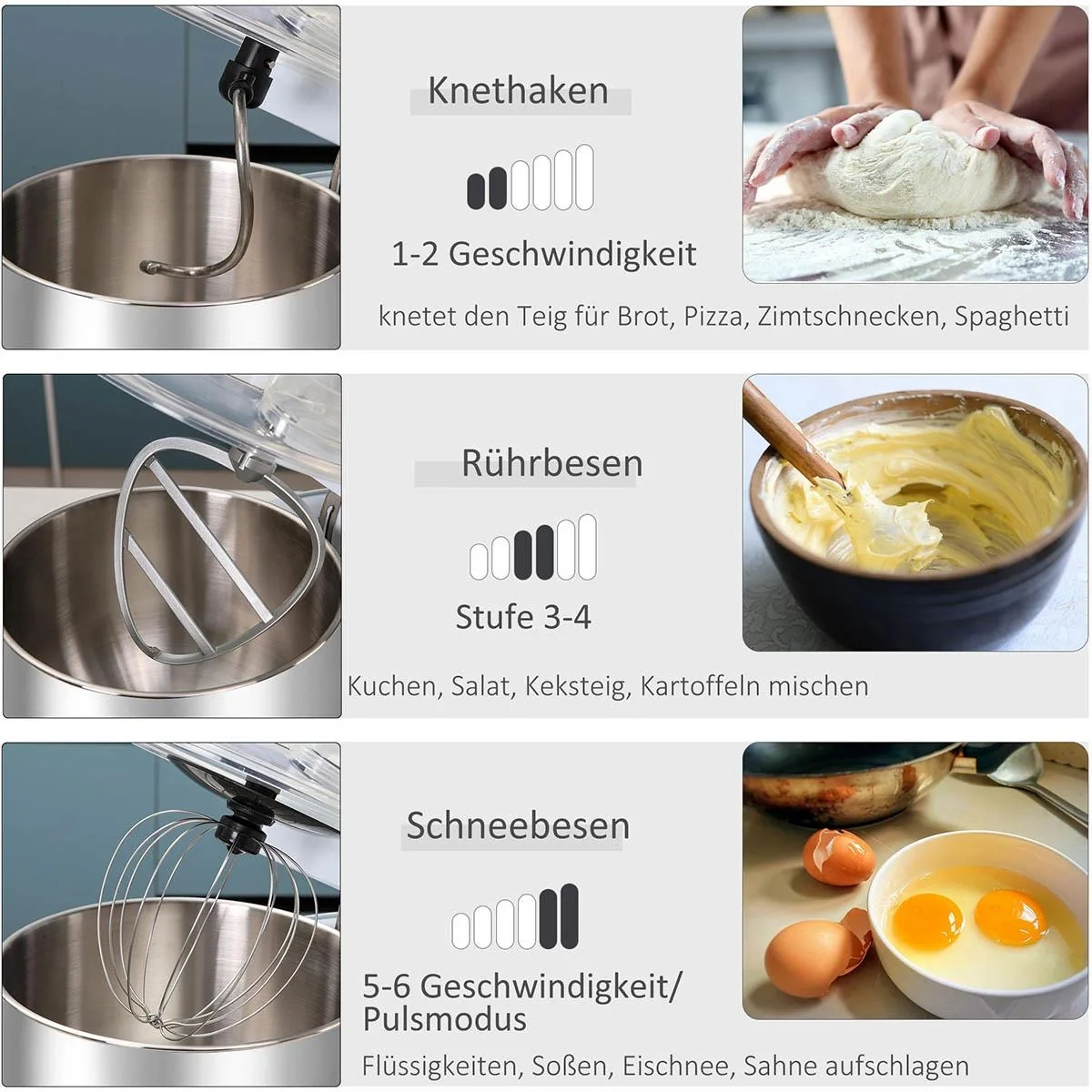 elektrisches Handmixer-Set 2-in-1 Handrührer mit Tischständer 5,5 L-Rührschüssel 1200 W 6 Geschwindigkeiten + Impuls-Mod - 6
