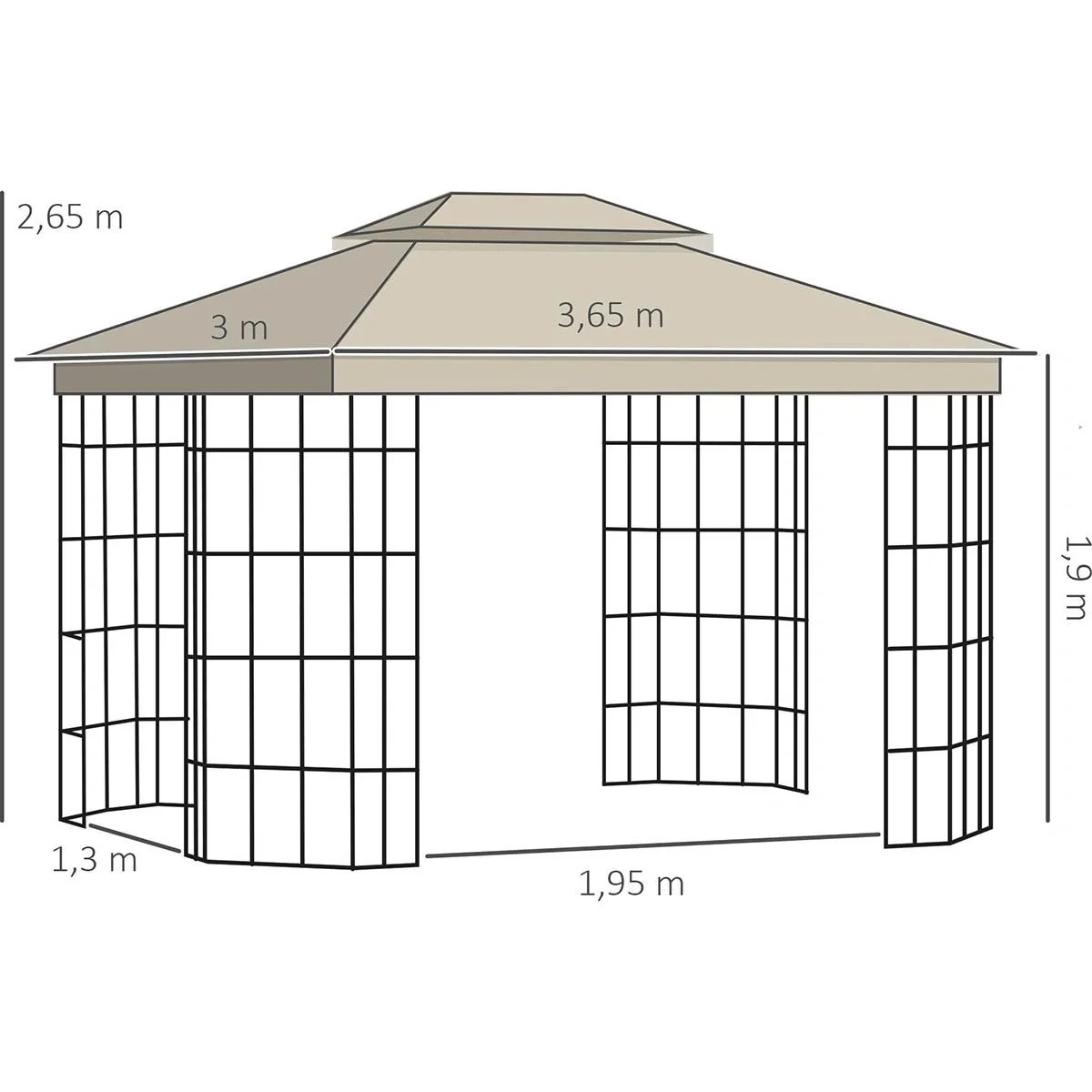 Gartenpavillon 3,65 x 3 m Partyzelt mit 4 x Moskitonetz Atmungsaktives Doppeldach Metall Polyester Schwarz+Beige - 6