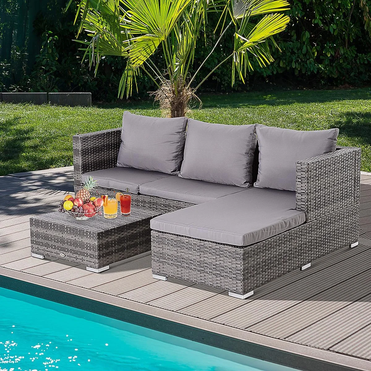 Dreiteiliges Gartenmöbel Set, Sofa, Beistelltisch mit Stauraum, 5-Stufig Rückenlehne, PE-Rattan, Grau, (Sofa) 130 x 64 x - 3