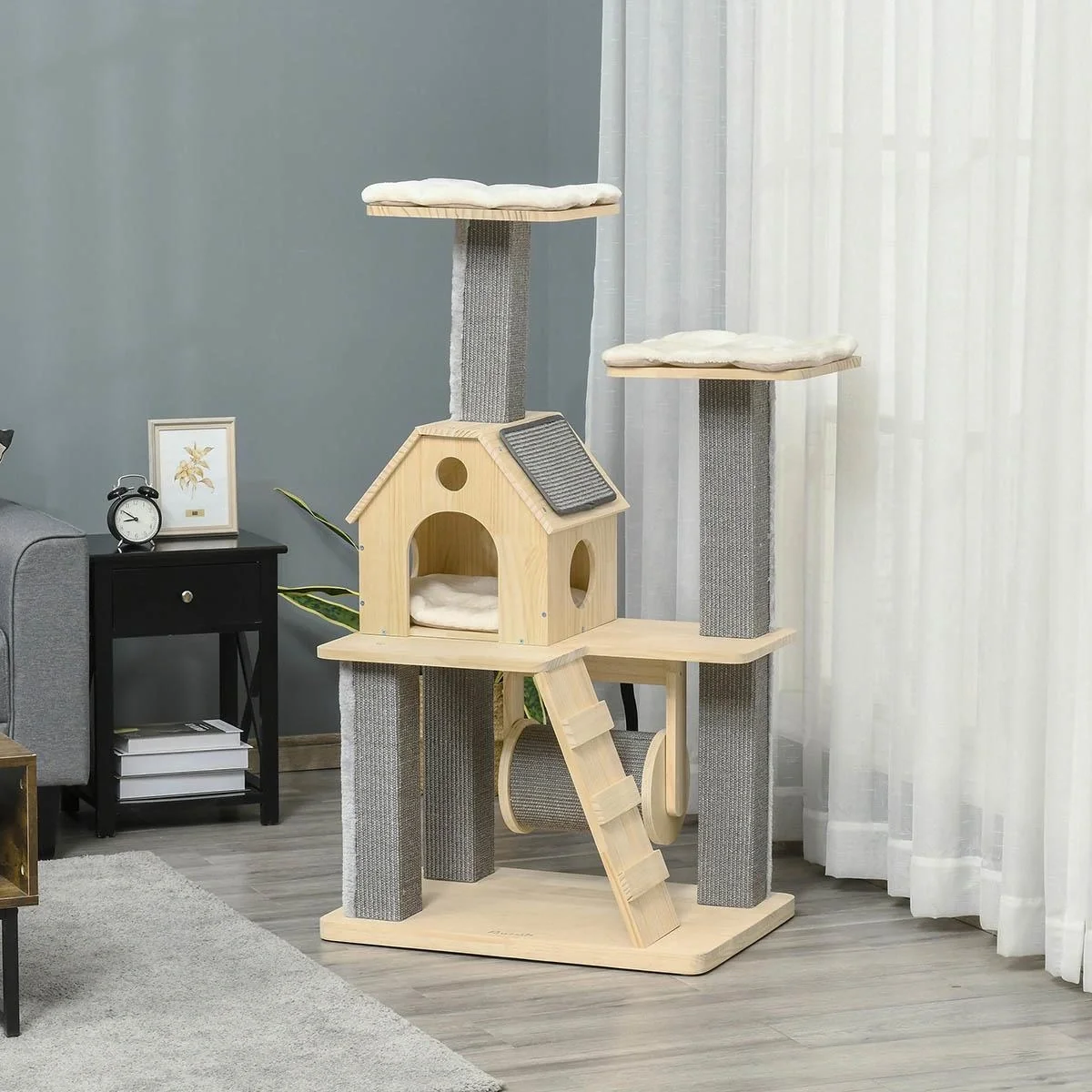 Spielplattform für Katzen - mit Haus und Leiter - Holz/Grau - 70 x 50 x 125 cm - 5