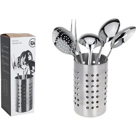 Küchenset - Edelstahl - 6-teilig - Fleischgabel, Gemüselöffel, Servierlöffel, Schaumlöffel, Suppenlöffel mit Ständer - 3