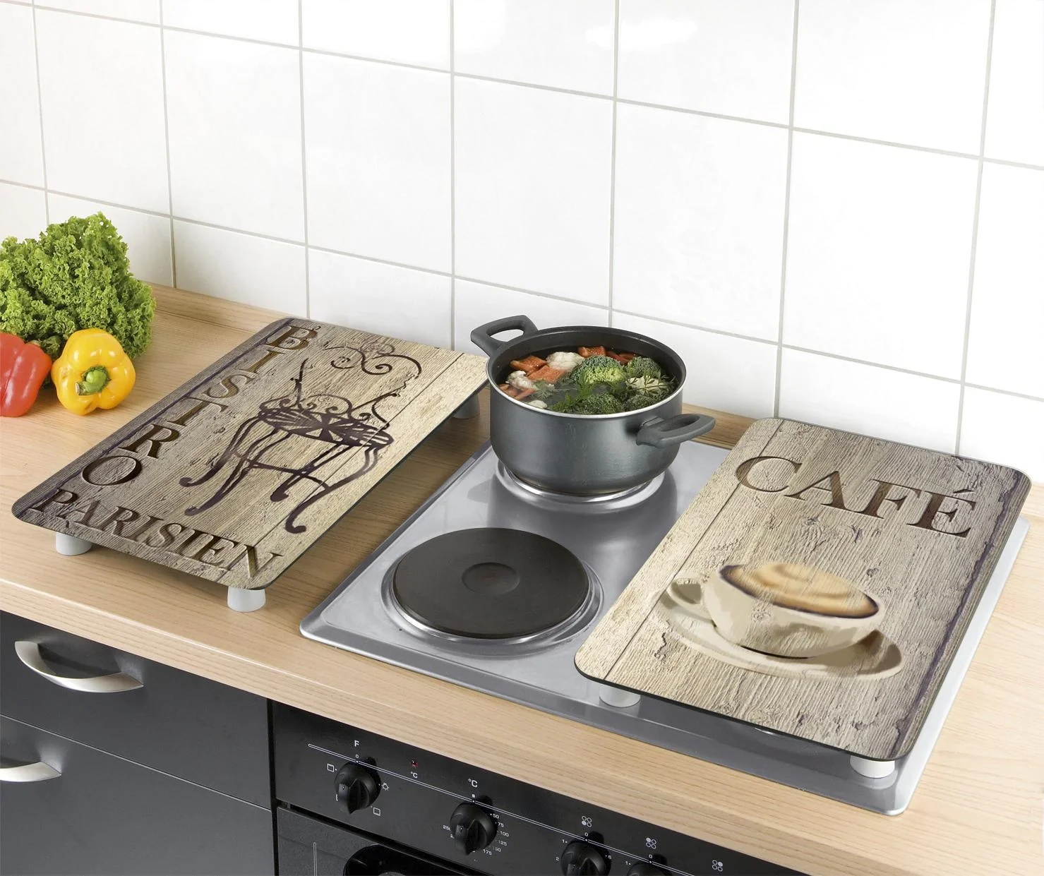 3 in 1 Herd-Abdeckplatten, Schneidbretter, Arbeitsplatten, Glas, Bistro-Design, je 52 x 30 cm, 2er-Set - 7