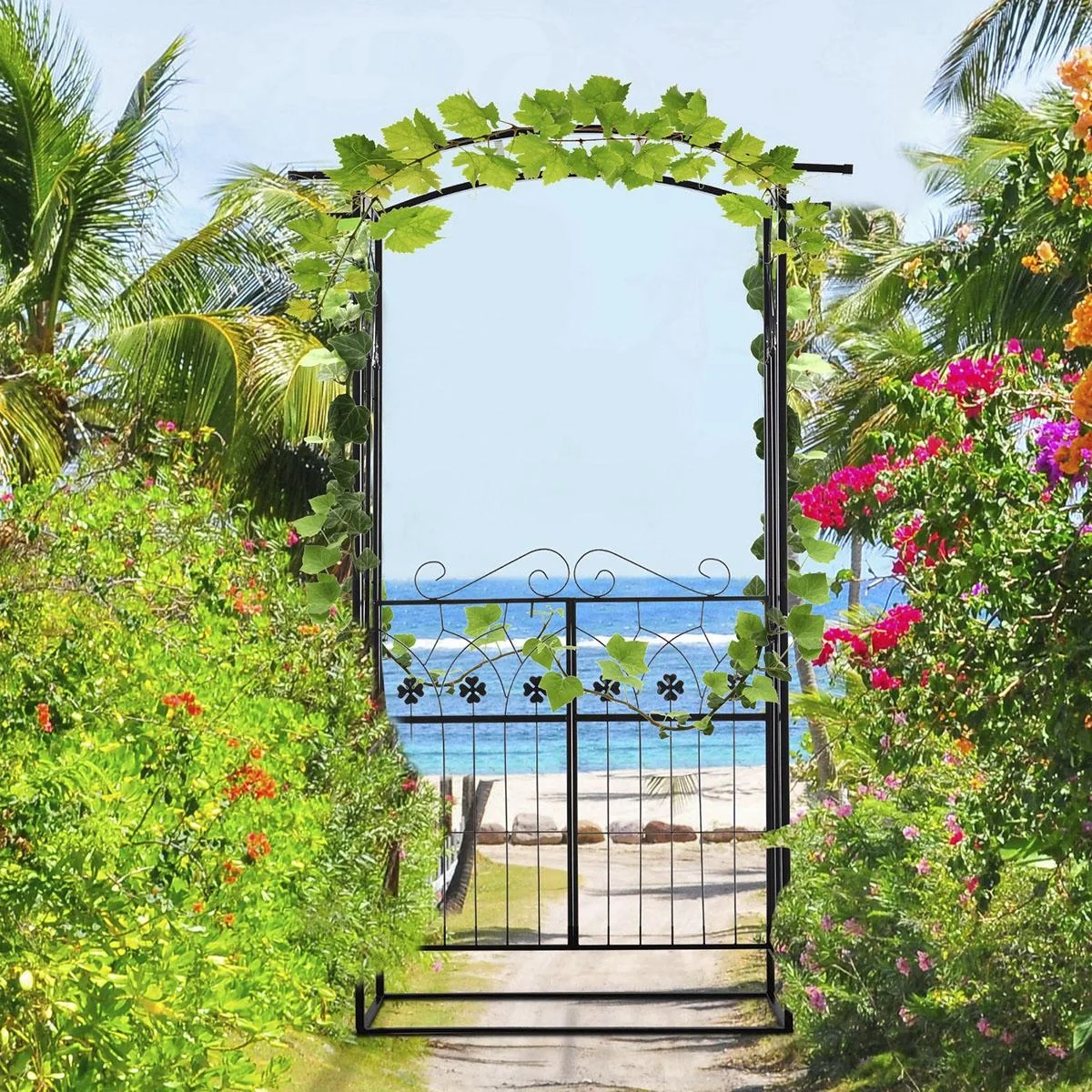Pflanzbogen Torbogen mit zwei Türflügel Rankgitter Rankhilfe Garten Bogendach Metall Schwarz 131x 49 x 209 cm - 4